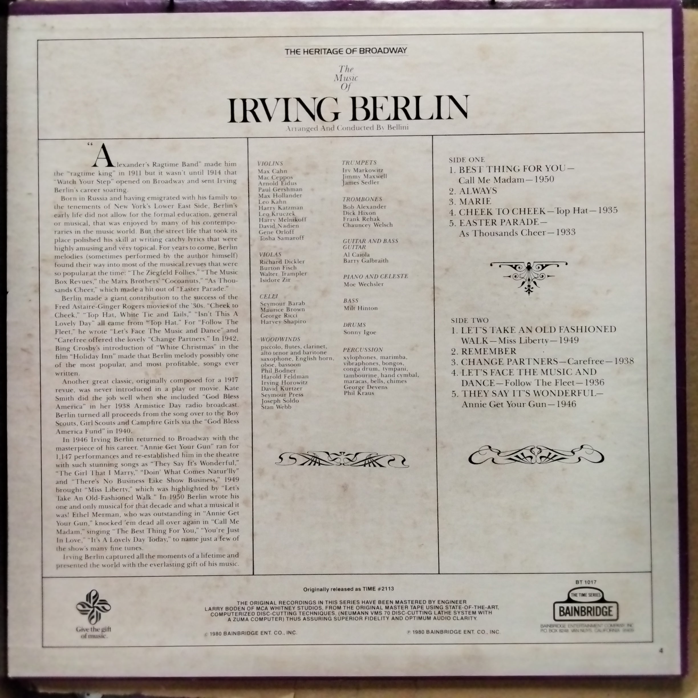 Bellini (3)  - The Music Of Irving Berlin (The Heritage Of Broadway) (Vinyl)