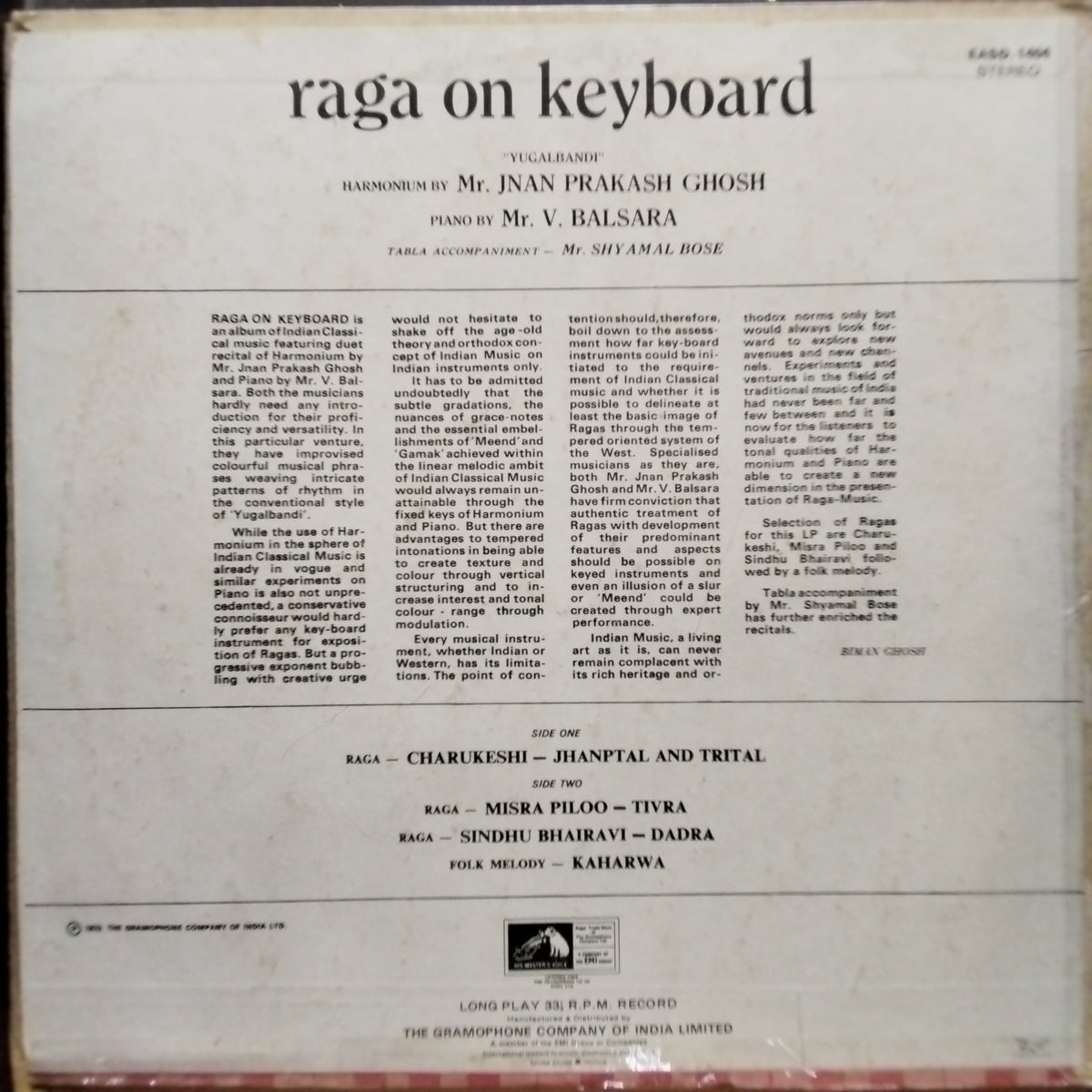 Jnan Prakash Ghosh & V. Balsara  - Raga On Keyboard (Vinyl)