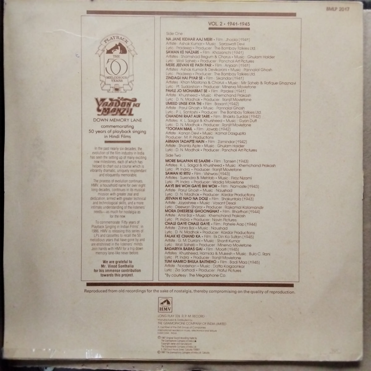 Various  - Yaadon Ki Manzil - Down Memory Lane Vol.2 (1941-1945) (Vinyl)