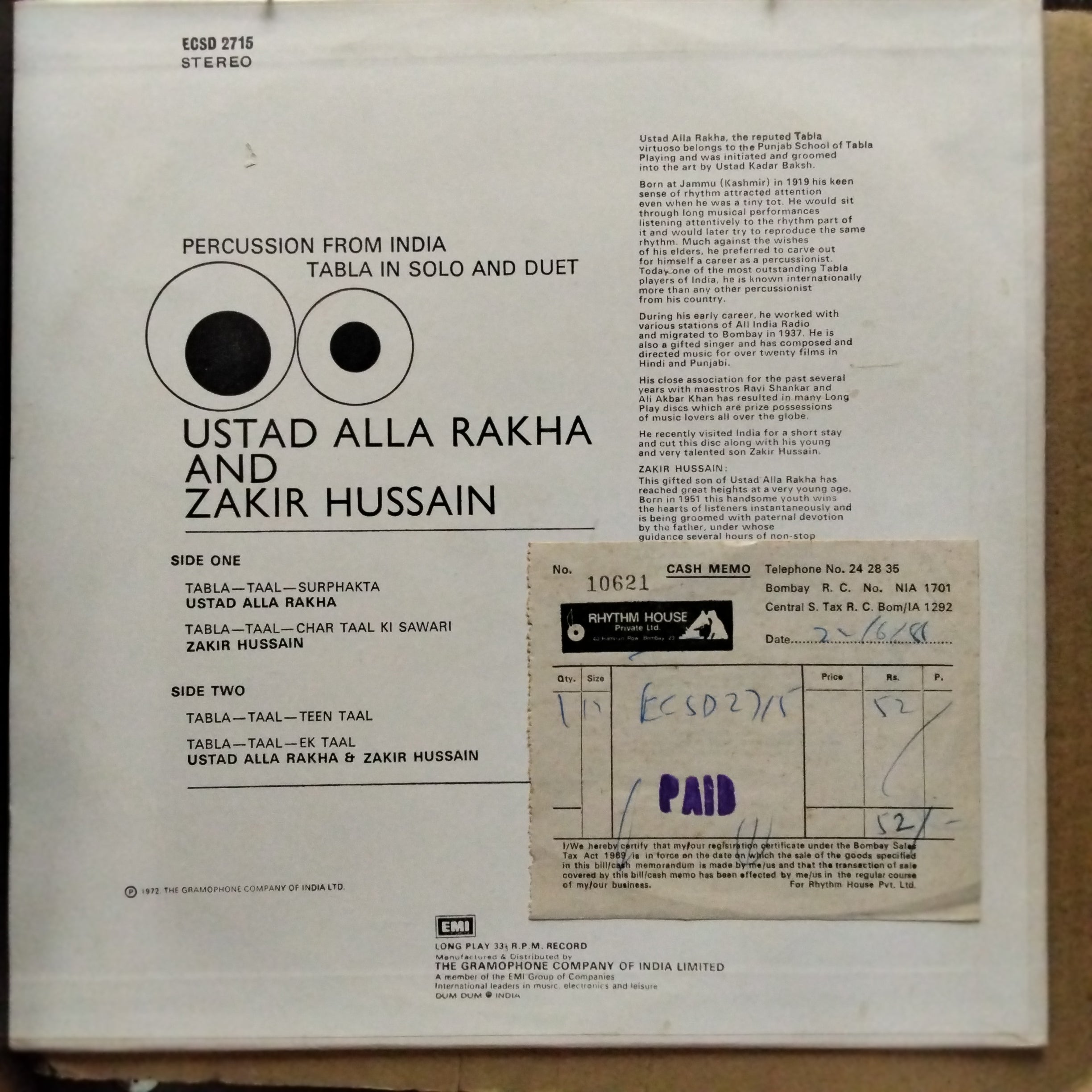 Ustad Alla Rakha* And Zakir Hussain  - Percussion From India (Tabla In Solo And Duet) (Vinyl)