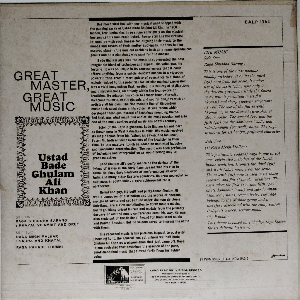 Bade Ghulam Ali Khan - Great Master, Great Music (Vinyl)