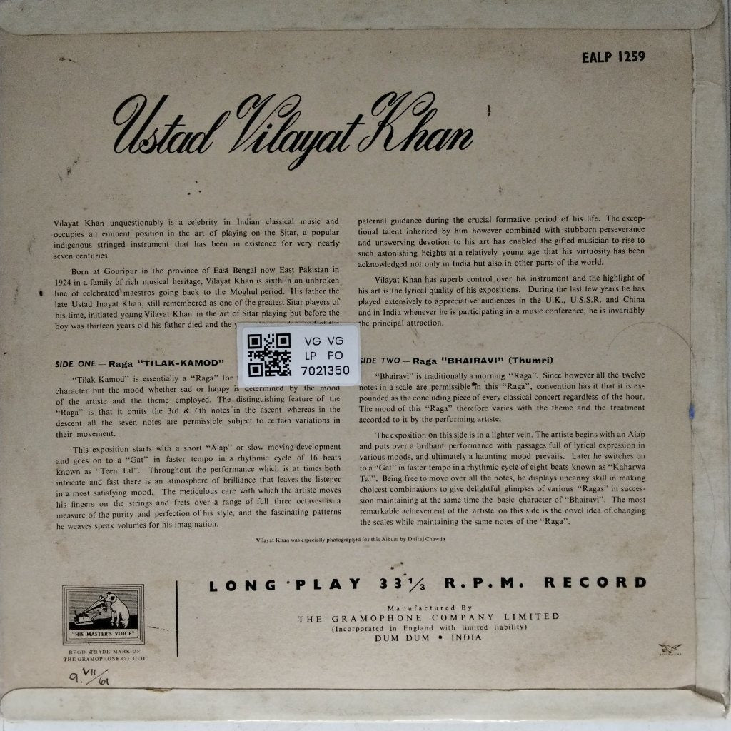 Ustad Vilayat Khan - Raga Tilak-Kamod / Raga Bhairavi (Vinyl)