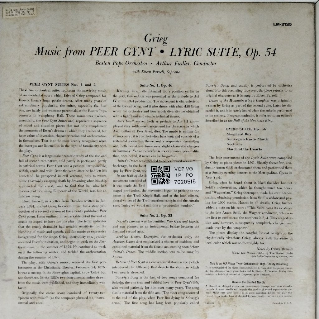 Arthur Fiedler, Boston Pops Orchestra, Eileen Farrell - Music from Peer Gynt - Lyric Suite (Vinyl)