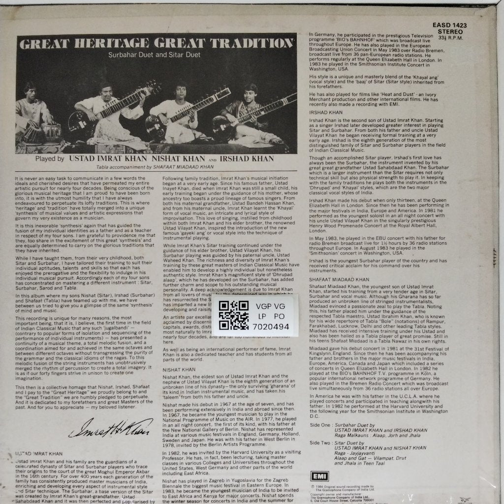 Ustad Imrat Khan, Irshad Khan, Nishat Khan - Great Heritage Great Tradition (Vinyl)