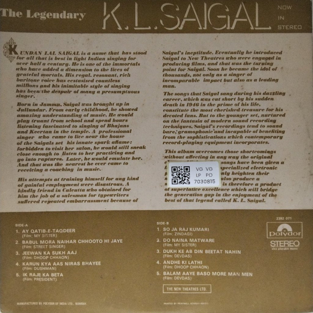 K.L. Saigal - The Legendary K.L. Saigal (Vinyl)