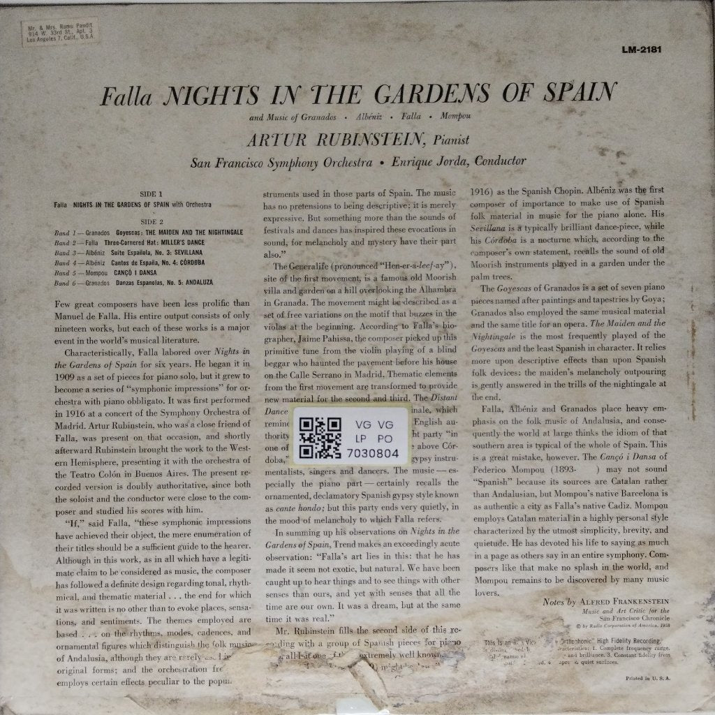 Artur Rubinstein, San Francisco Symphony, Enrique Jorda - Nights in the Gardens of Spain (Vinyl)
