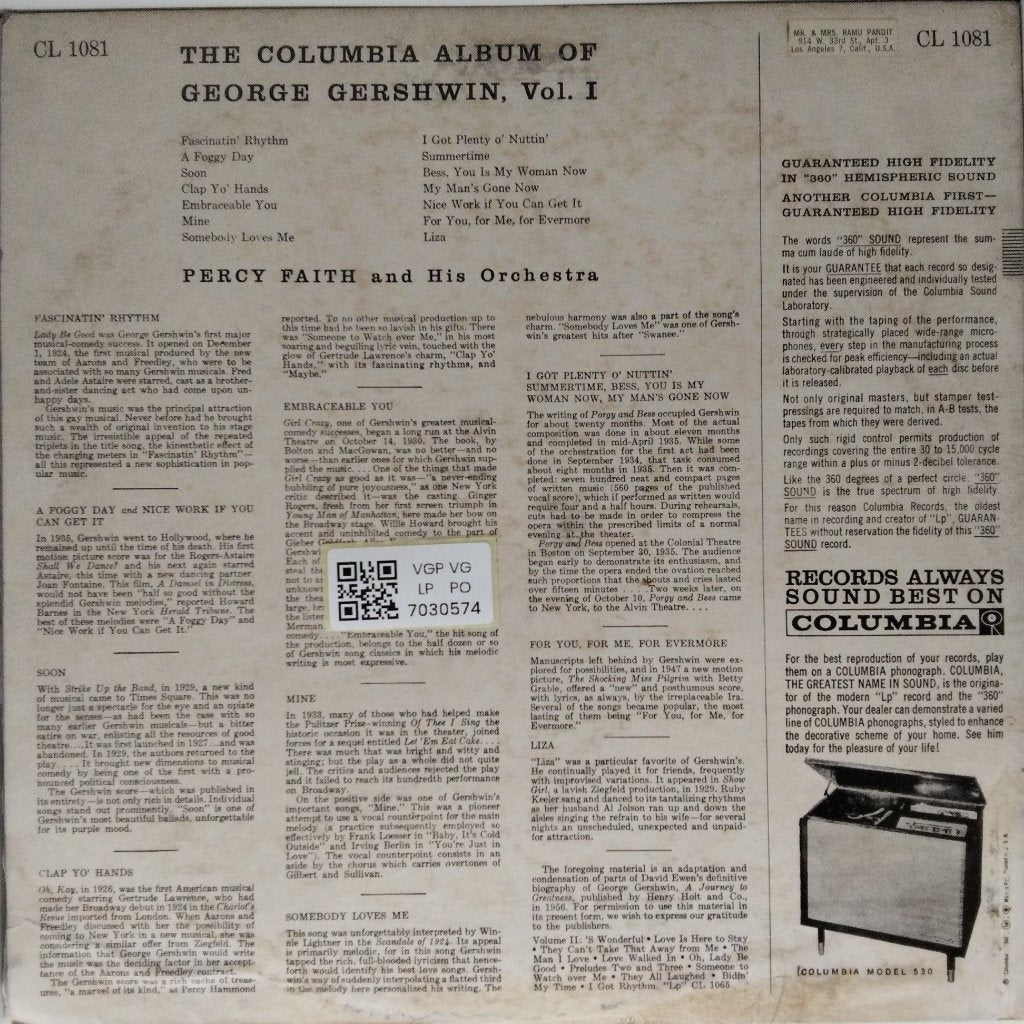 Percy Faith - The Columbia Album of George Gershwin, Vol. I (Vinyl)