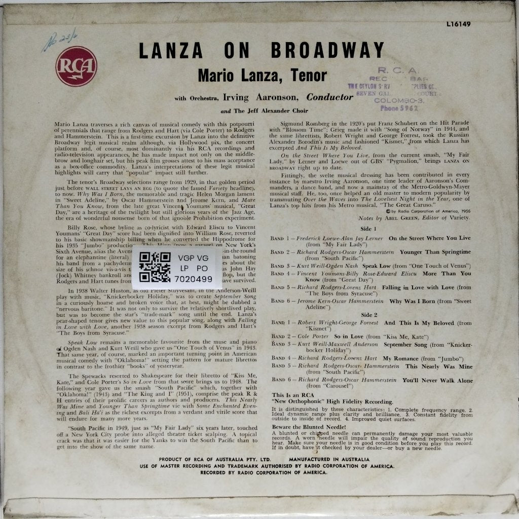 Mario Lanza - Lanza on B'way (Vinyl)