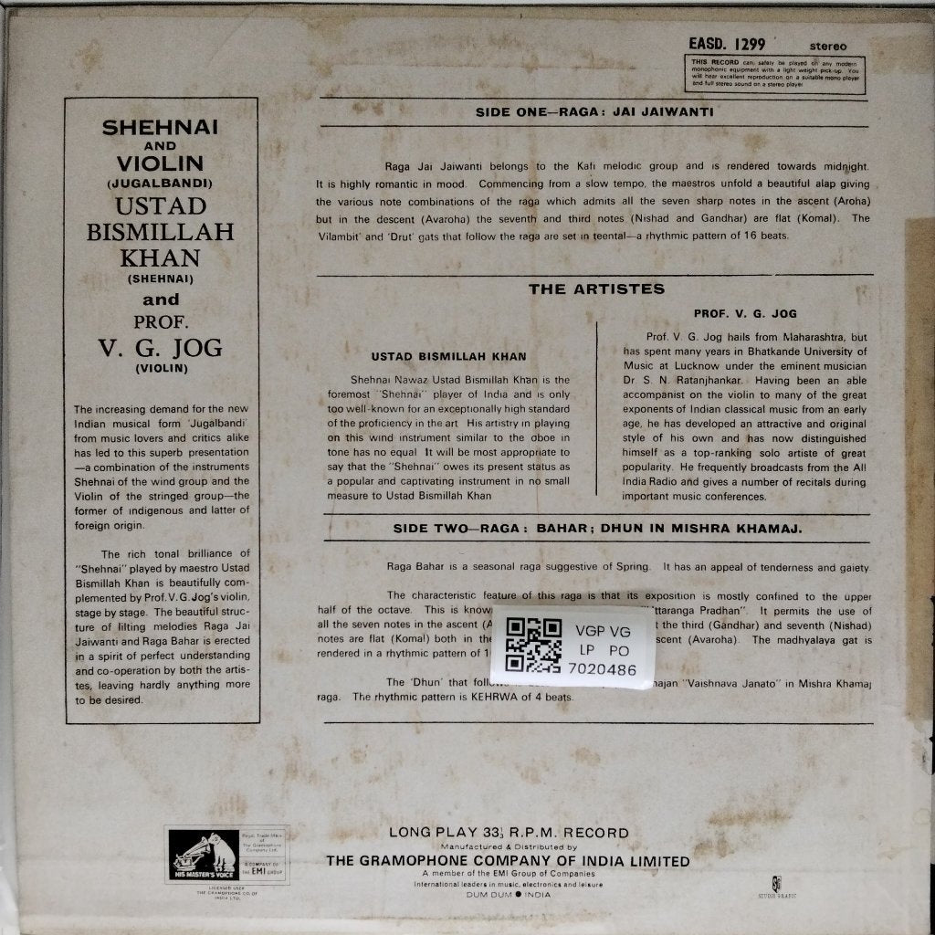 Ustad Bismillah Khan, Prof. V. G. Jog - Jugalbandi (Vinyl)