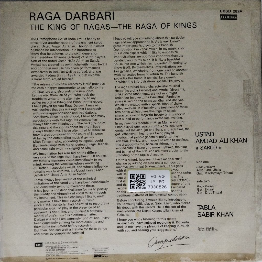 Ustad Amjad Ali Khan - Raga Darbari (Vinyl)