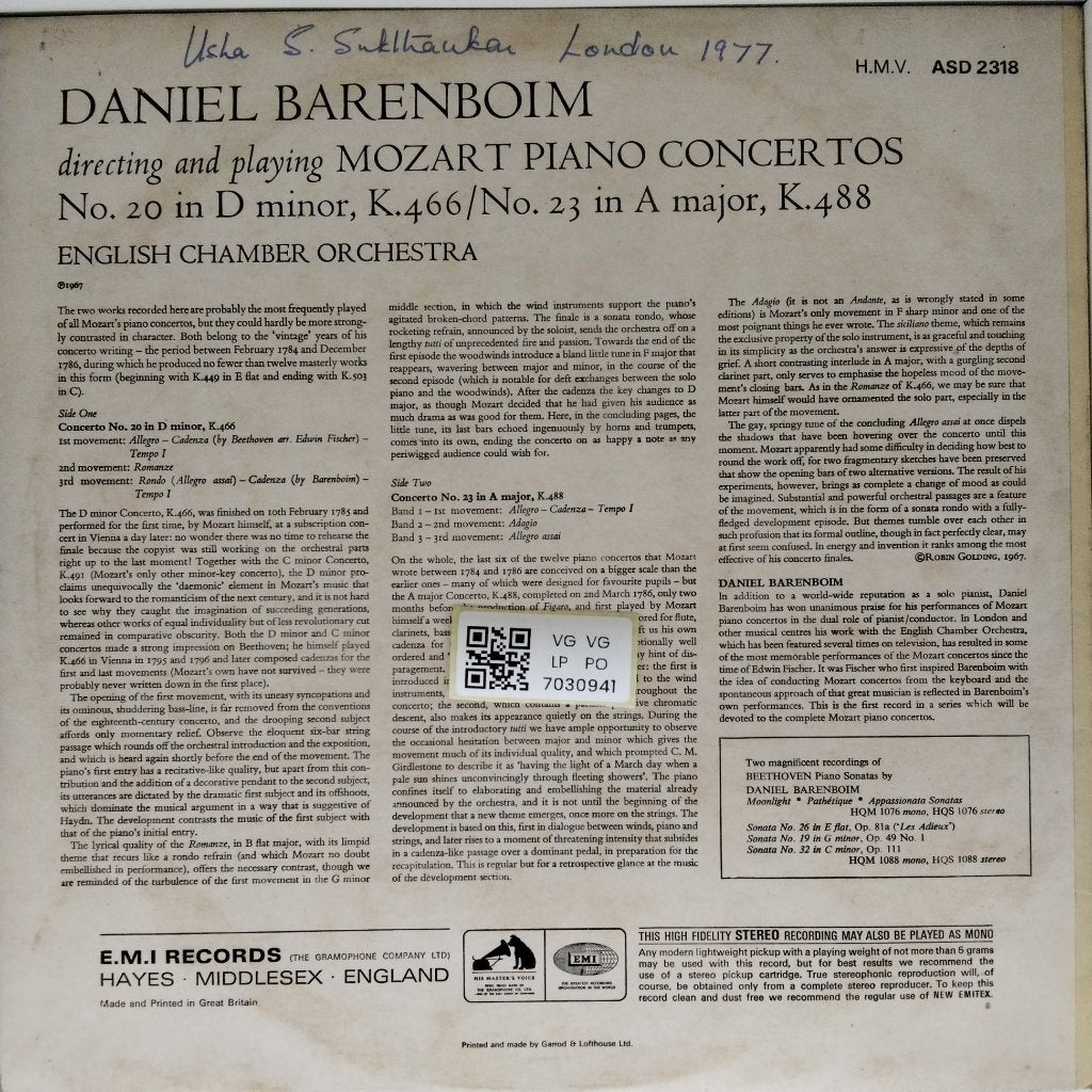 Daniel Barenboim - Mozart Piano Concertos: No. 20 in D Minor K. 466 / No. 23 in A Major K. 488 (Vinyl)