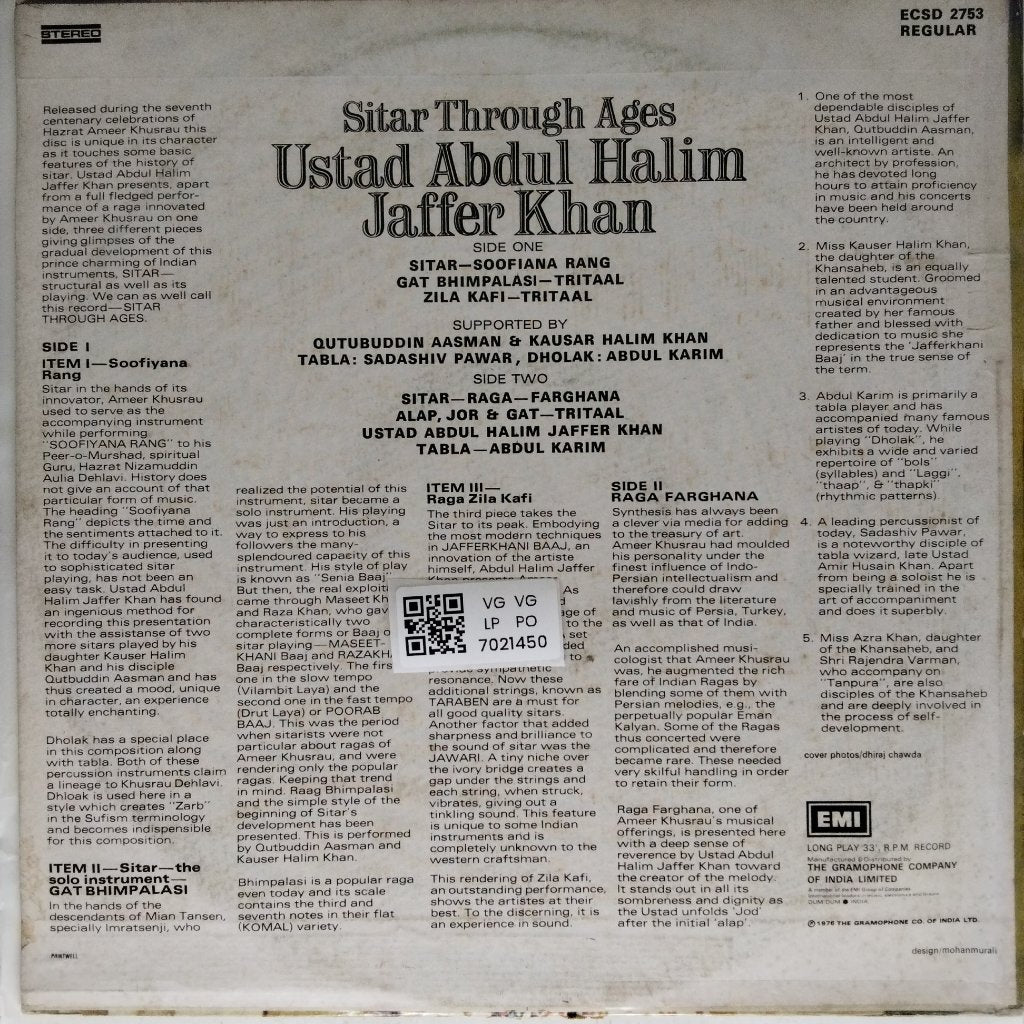 Ustad Abdul Halim Jaffer Khan - Sitar Through Ages (Vinyl)