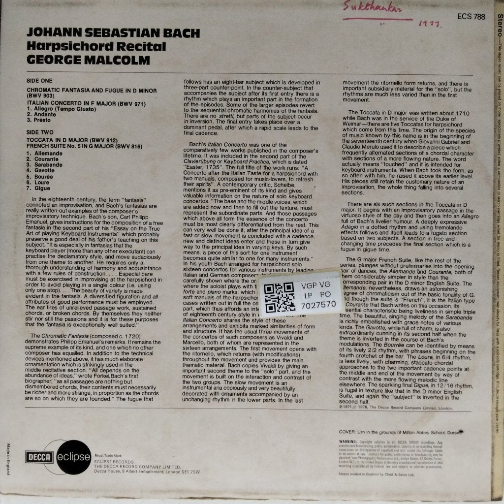 Johann Sebastian Bach, George Malcolm - Harpsichord Recital (Vinyl)