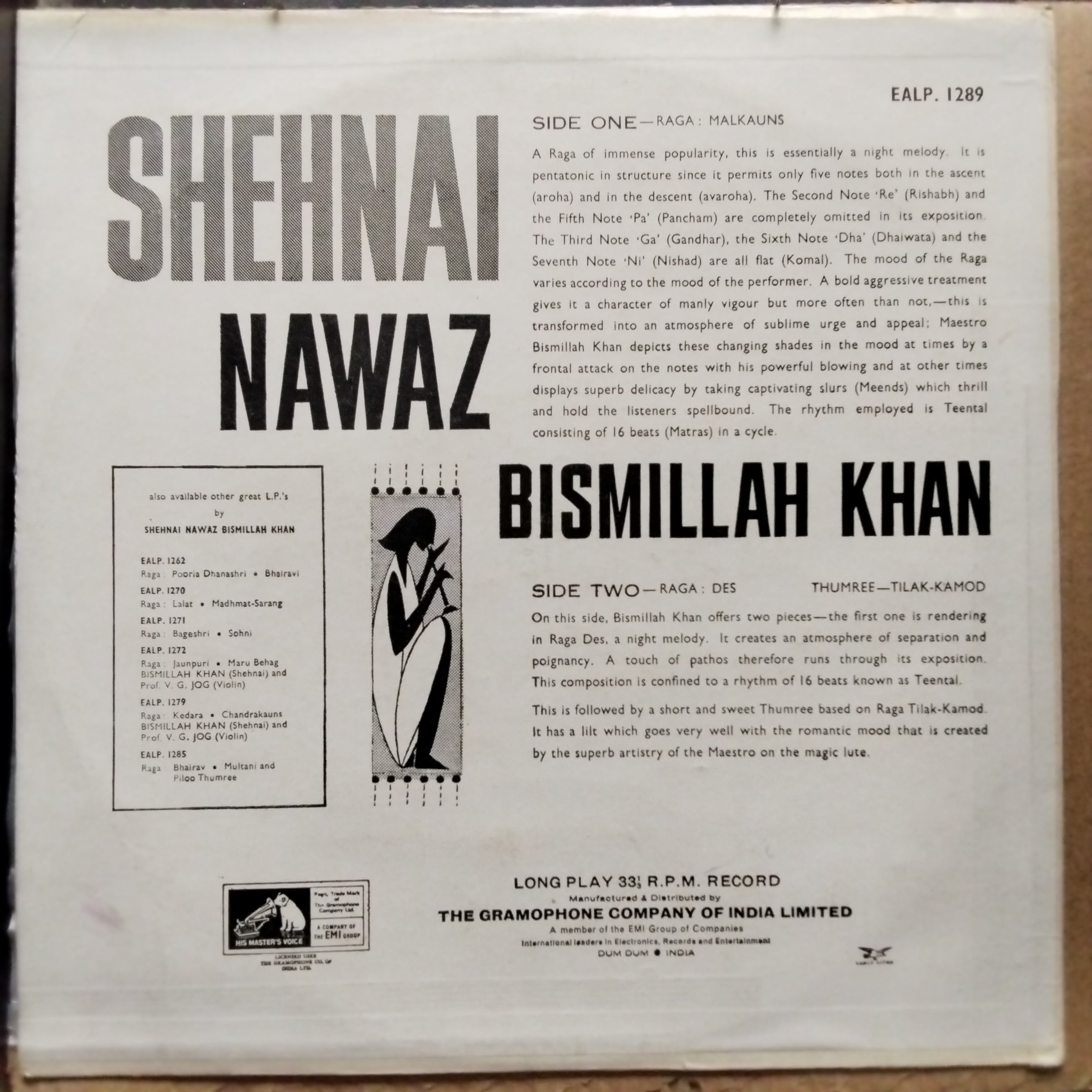 Shehnai Nawaz Bismillah Khan - Raga Malkauns • Raga Des-Tilak Kamod (Vinyl)