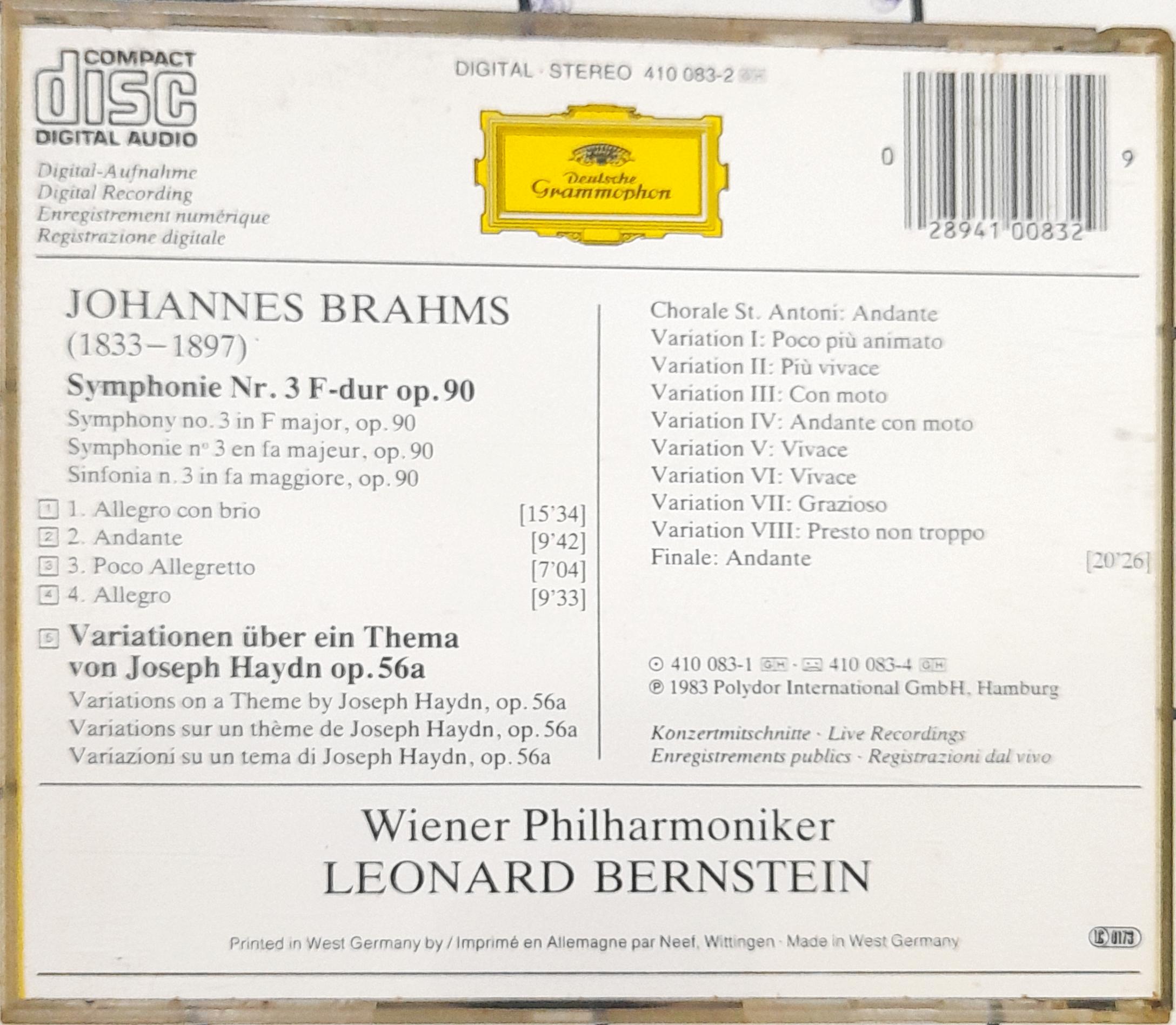 Johannes Brahms - Wiener Philharmoniker, Leonard Bernstein - Symphonie No.3 / Haydn-Variationen (CD)