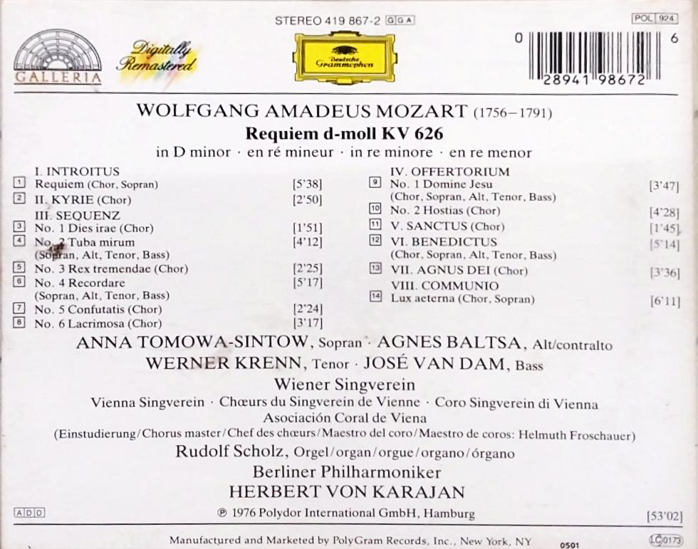 Wolfgang Amadeus Mozart : Anna Tomowa-Sintow • Agnes Baltsa • Werner Krenn • José van Dam • Wiener Singverein • Berliner Philharmoniker • Herbert von Karajan - Requiem (CD)