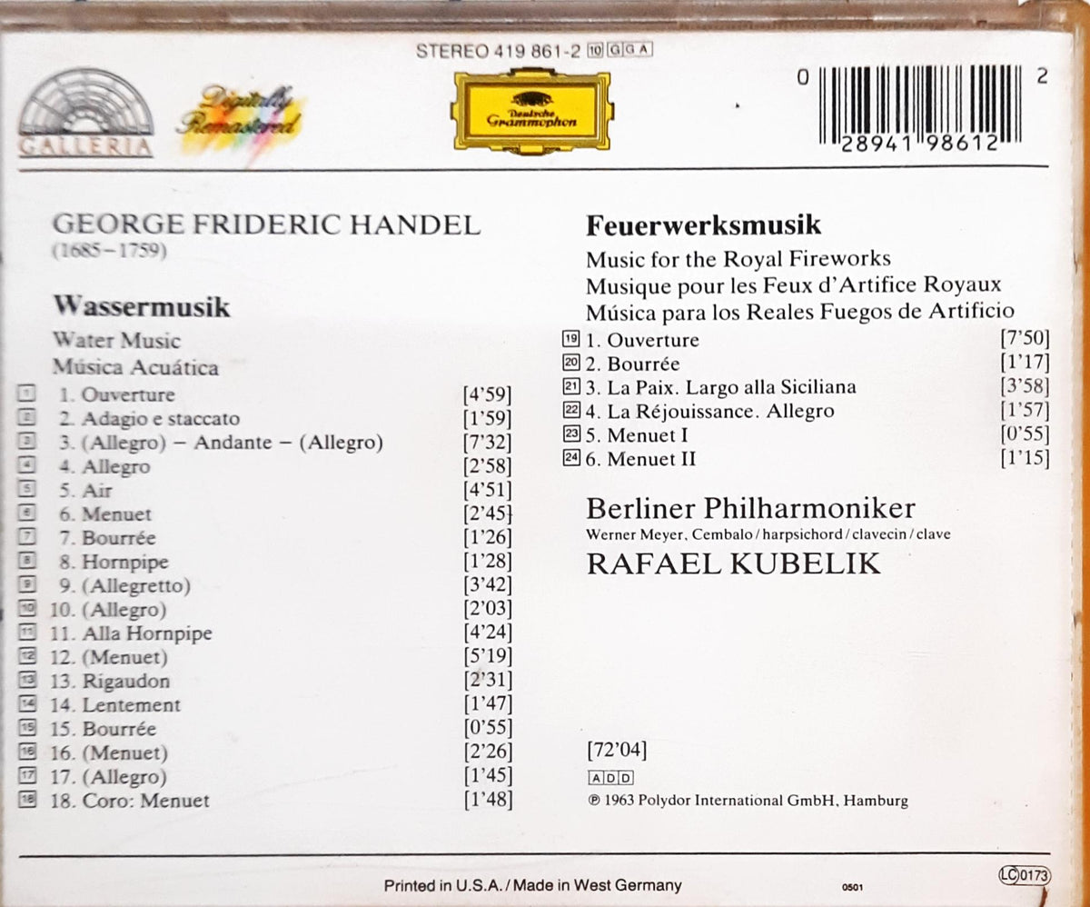 Georg Friedrich Händel – Berliner Philharmoniker, Rafael Kubelik  - Water Music/Music For The Royal Fireworks (CD)