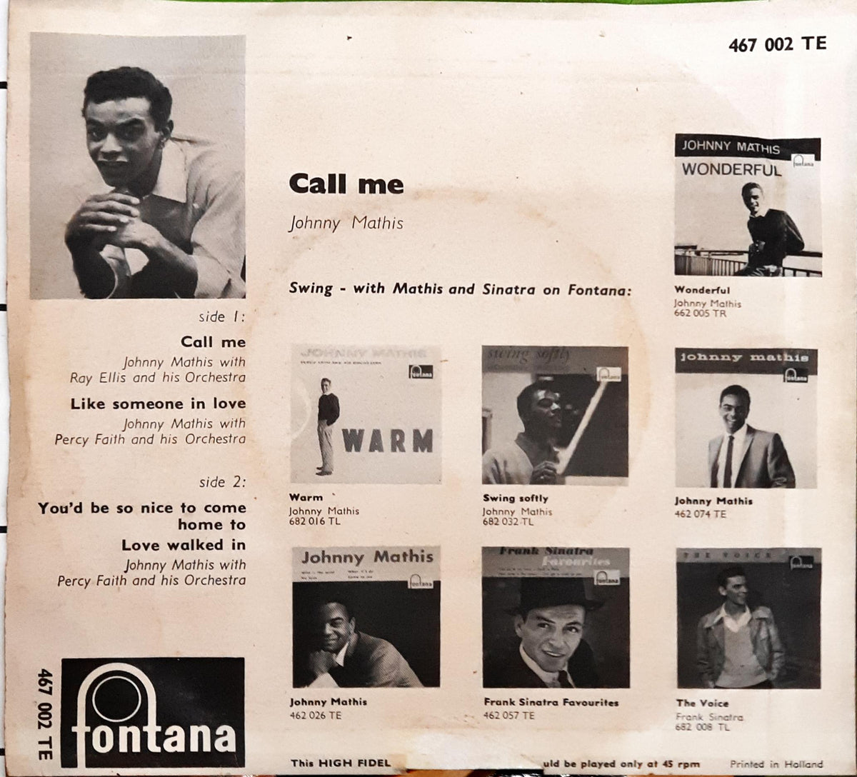 Johnny Mathis With Percy Faith & His Orchestra - Call Me (45-RPM)