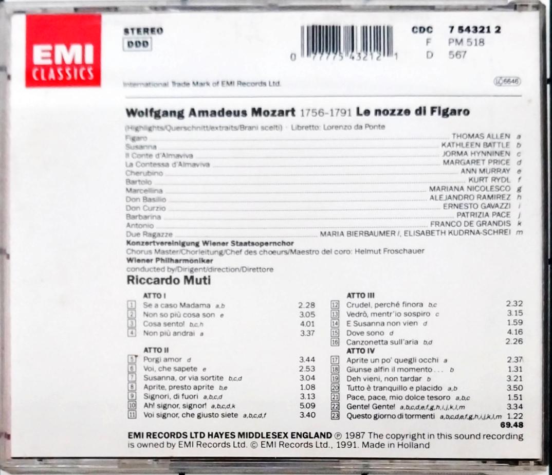 Wolfgang Amadeus Mozart, Thomas Allen, Kathleen Battle, Jorma Hynninen, Margaret Price, Wiener Philharmoniker, Riccardo Muti - Le Nozze Di Figaro  (CD)