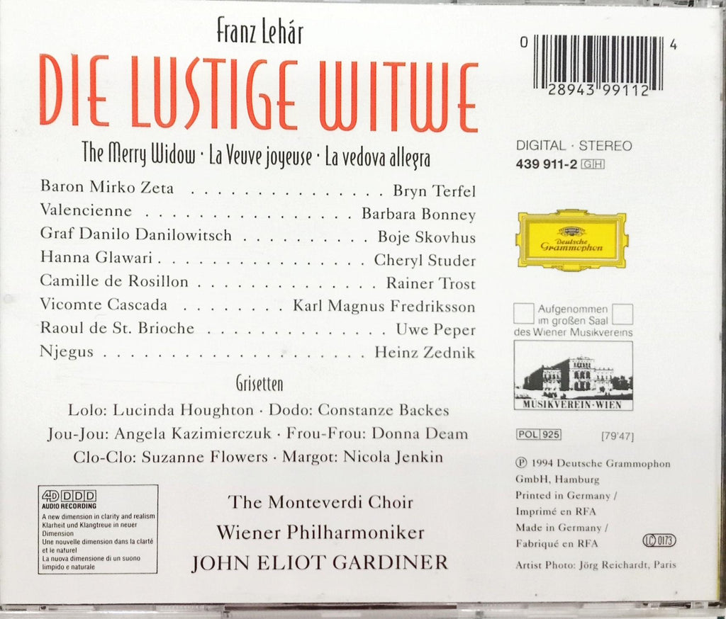 Franz Lehár - Cheryl Studer, Boje Skovhus*, Barbara Bonney, Rainer Trost, Bryn Terfel, The Monteverdi Choir, Wiener Philharmoniker, John Eliot Gardiner  - Die Lustige Witwe - The Merry Widow - La Veuve Joyeuse (CD)