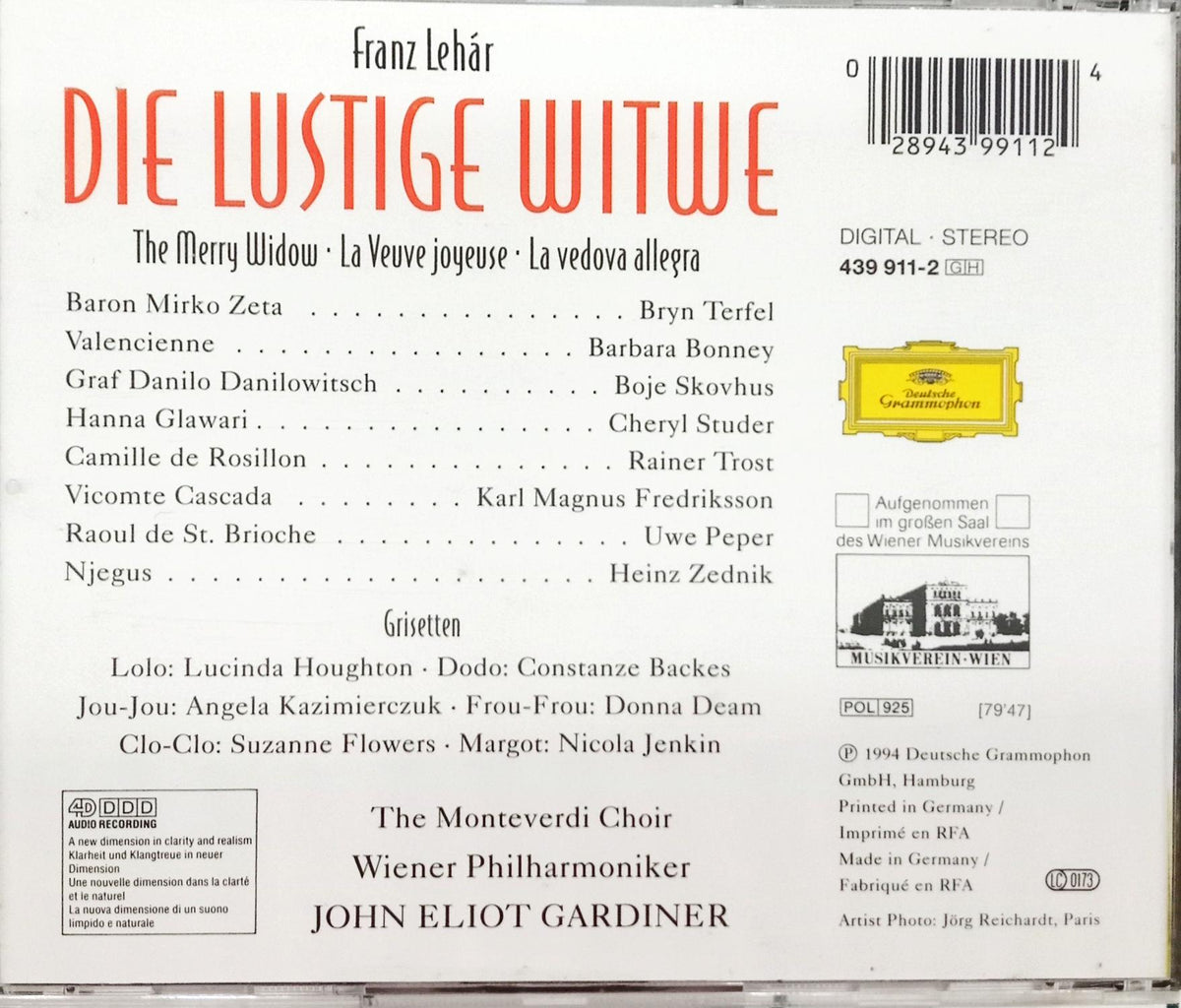 Franz Lehár - Cheryl Studer, Boje Skovhus*, Barbara Bonney, Rainer Trost, Bryn Terfel, The Monteverdi Choir, Wiener Philharmoniker, John Eliot Gardiner  - Die Lustige Witwe - The Merry Widow - La Veuve Joyeuse (CD)