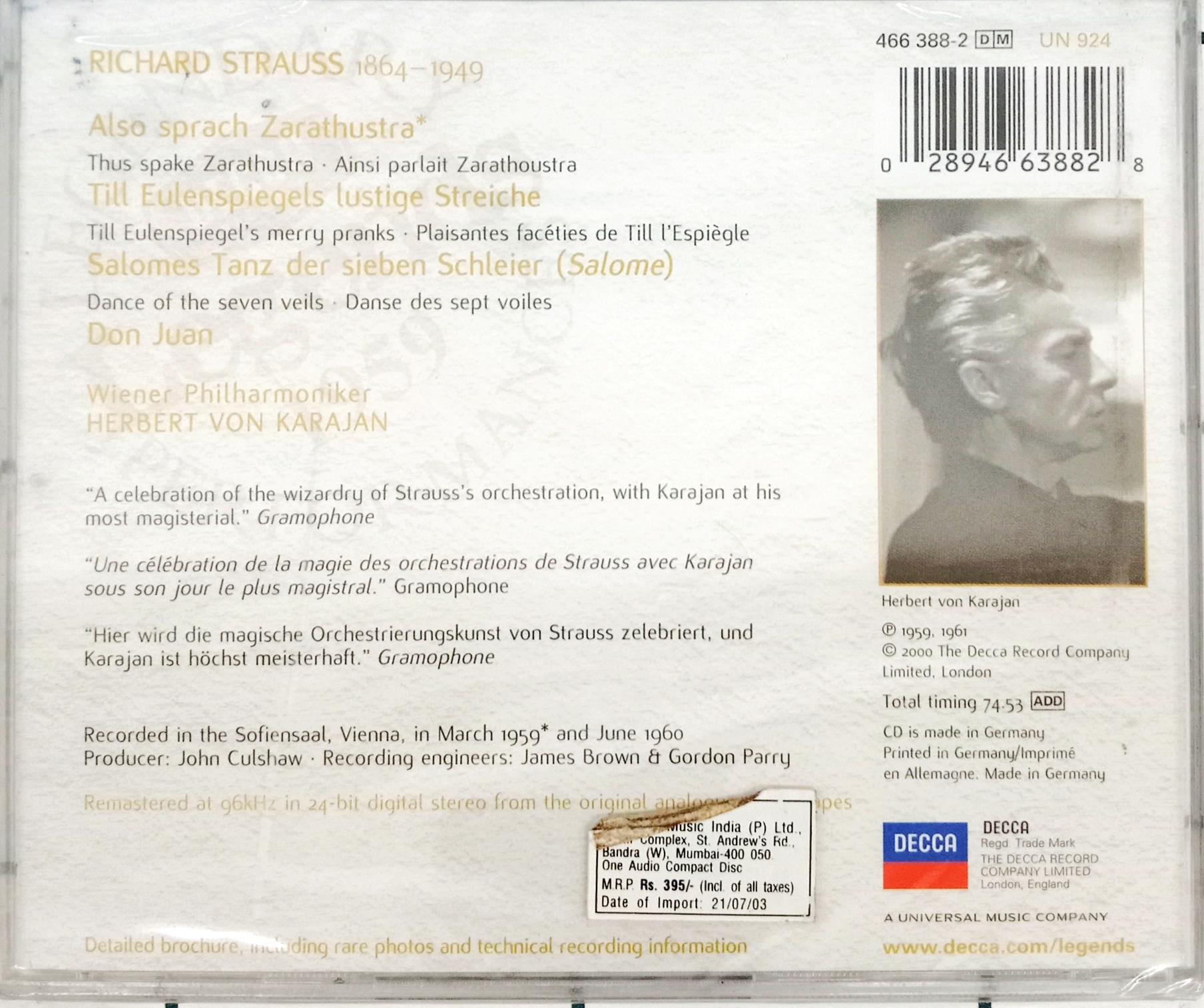 Richard Strauss / Wiener Philharmoniker / Karajan -  Also Sprach Zarathustra / Till Eulenspiegel · Don Juan · Salomes Tanz (CD)