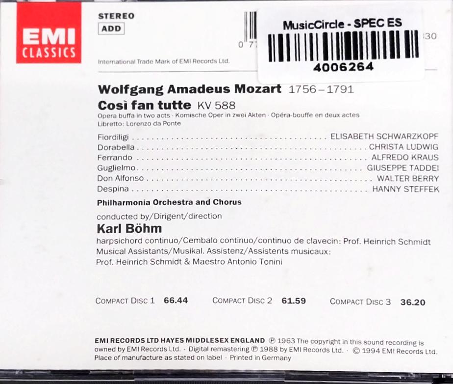 Mozart* / Schwarzkopf*, Ludwig*, Steffek*, Kraus*, Taddei*, Berry*, The Philharmonia Orchestra* And Chorus*, Karl Böhm - Così Fan Tutte (CD)