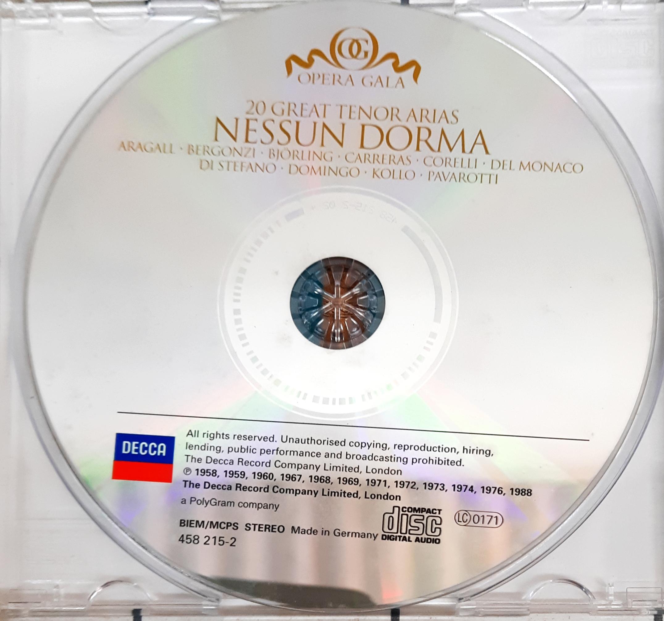 Giacomo Aragall, Carlo Bergonzi, Jussi Björling, José Carreras, Franco Corelli, Placido Domingo, René Kollo, Mario del Monaco, Luciano Pavarotti, Giuseppe di Stefano - Nessun Dorma: 20 Great Tenor Arias (CD)