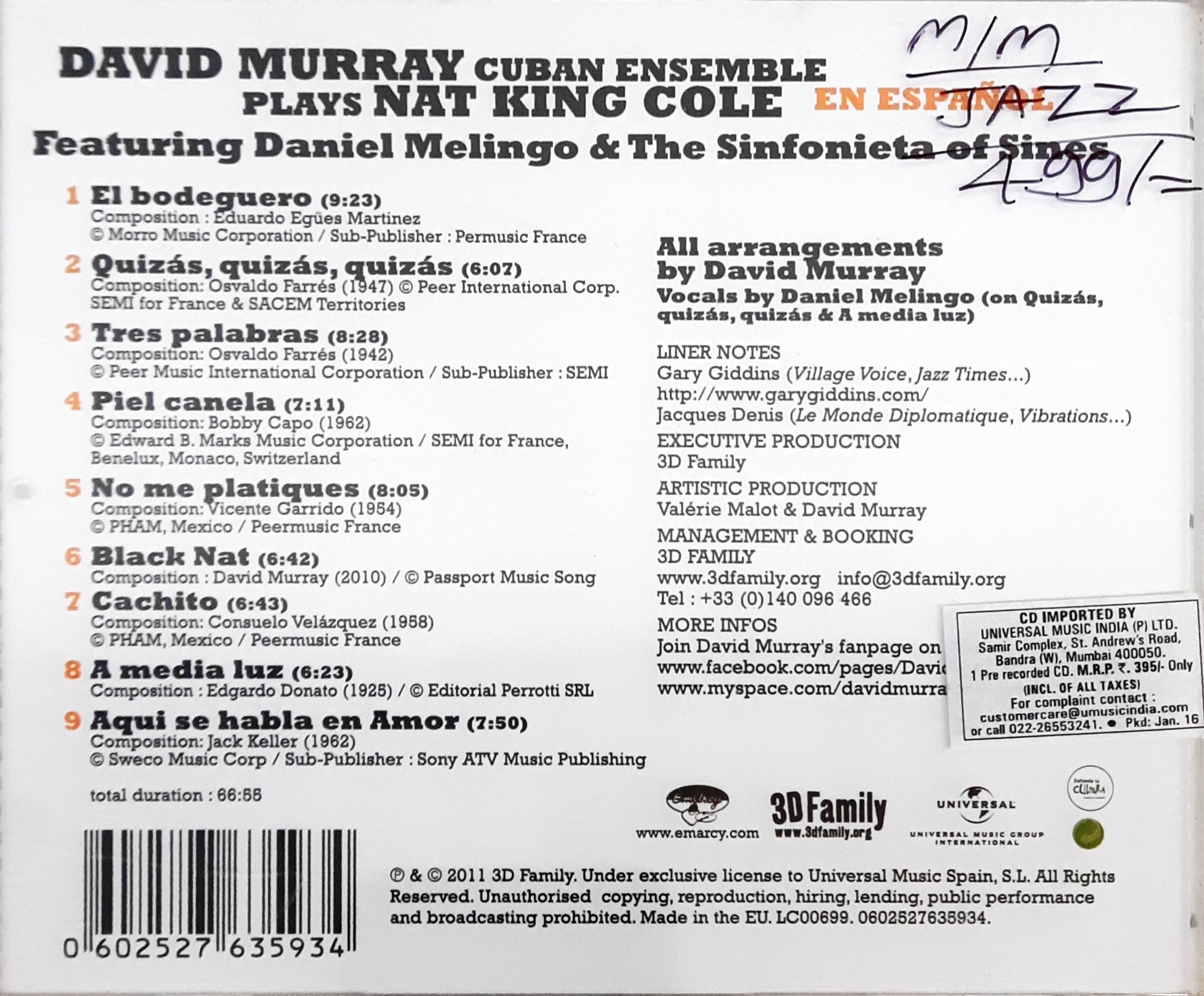 David Murray Cuban Ensemble - David Murray Cuban Ensemble Plays Nat King Cole En Español (CD)
