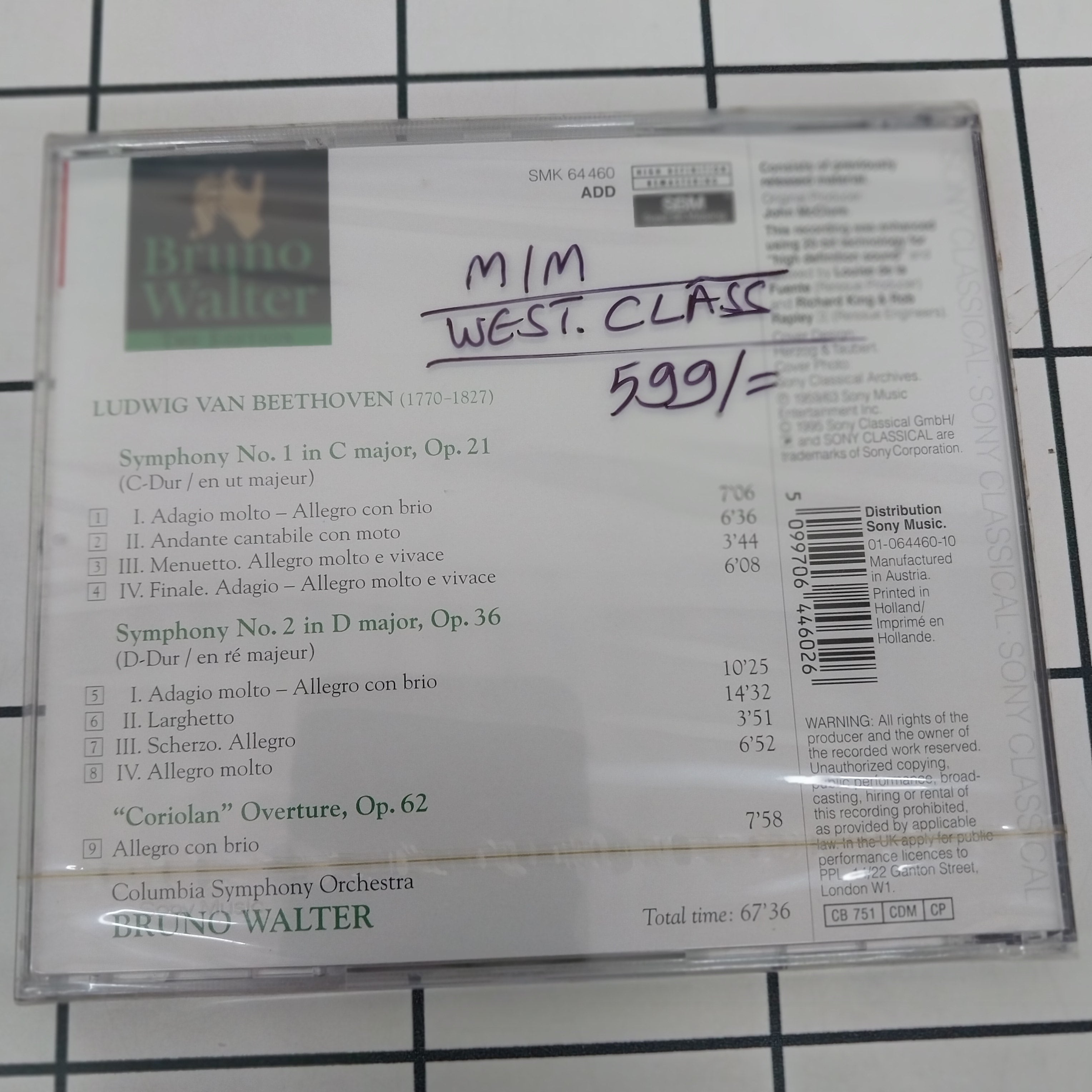 Bruno Walter - Symphonies No. 1 & No. 2 • Coriolan Overture, Op.62 (CD)