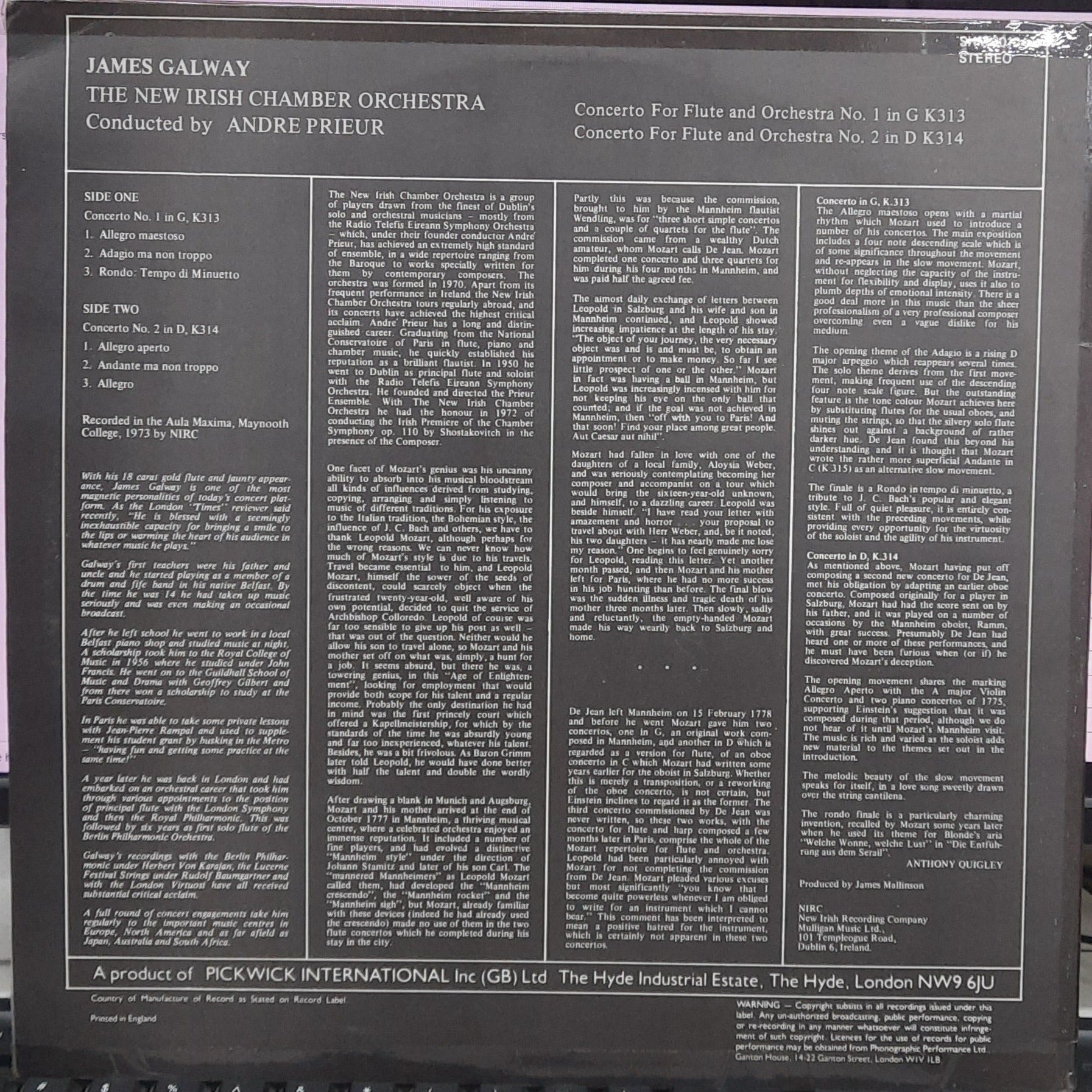 James Galway, Wolfgang Amadeus Mozart, New Irish Chamber Orchestra, The Conducted By André Prieur - Concerto For Flute & Orchestra No. 1 / Concerto For Flute & Orchestra No. 2 (Vinyl)