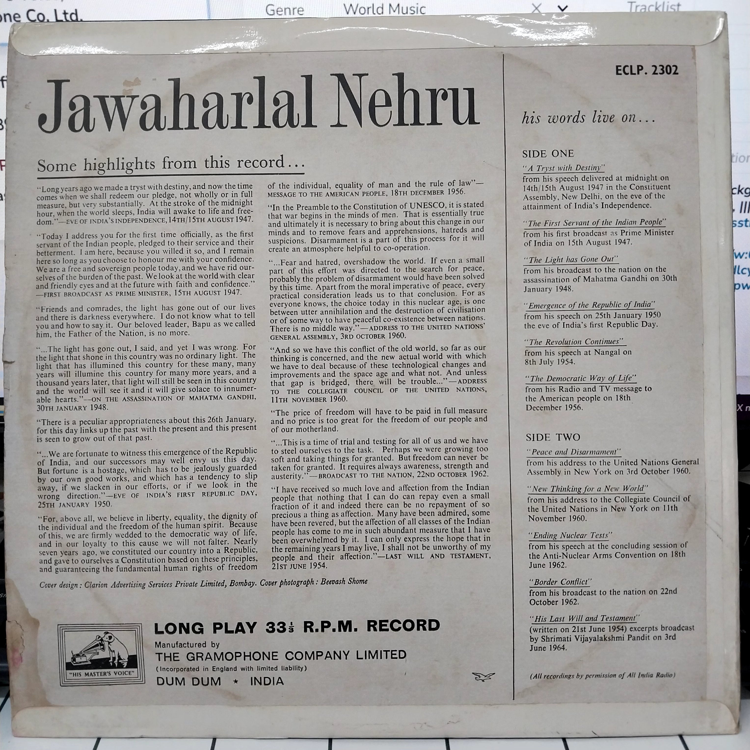 Jawaharlal Nehru - His Words Live On... (Speeches In English) (Vinyl)