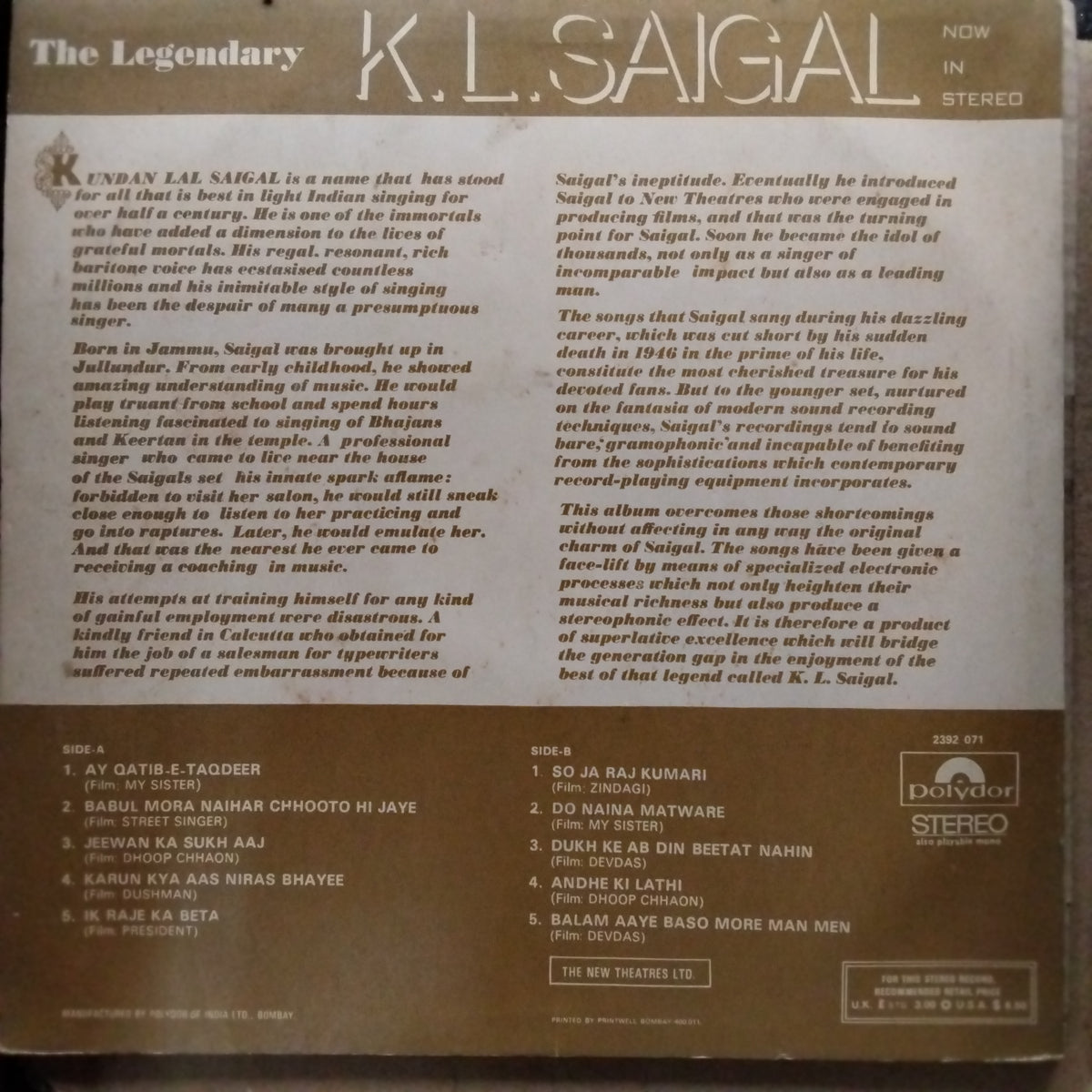 K. L. Saigal - The Legendary K. L. Saigal (Vinyl)