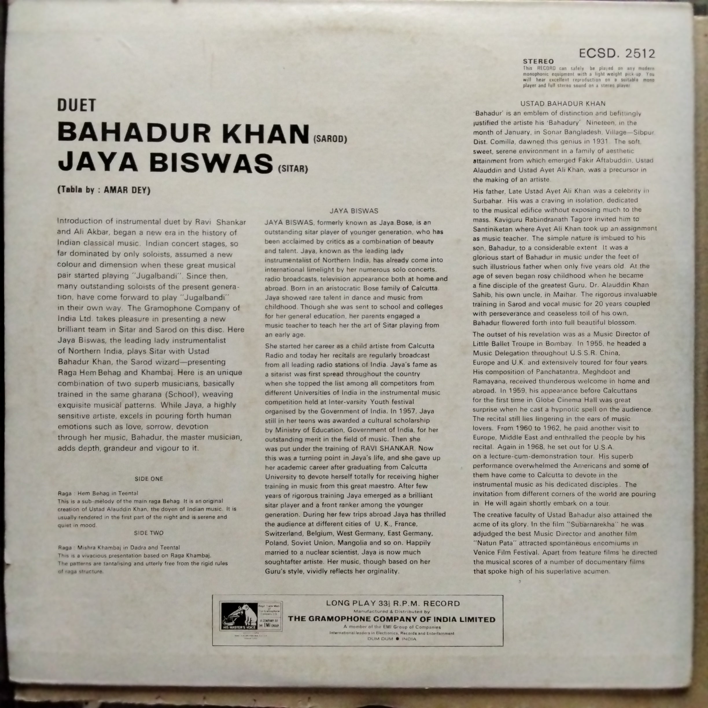 Ustad Bahadur Khan*, Jaya Biswas*  - Duet - Sarod & Sitar - Ragas Hem Behag, Misra Khamboj (Vinyl)