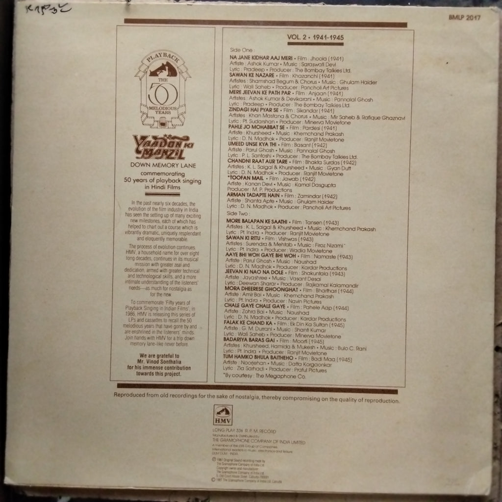 Various  - Yaadon Ki Manzil - Down Memory Lane Vol.2 (1941-1945) (Vinyl)
