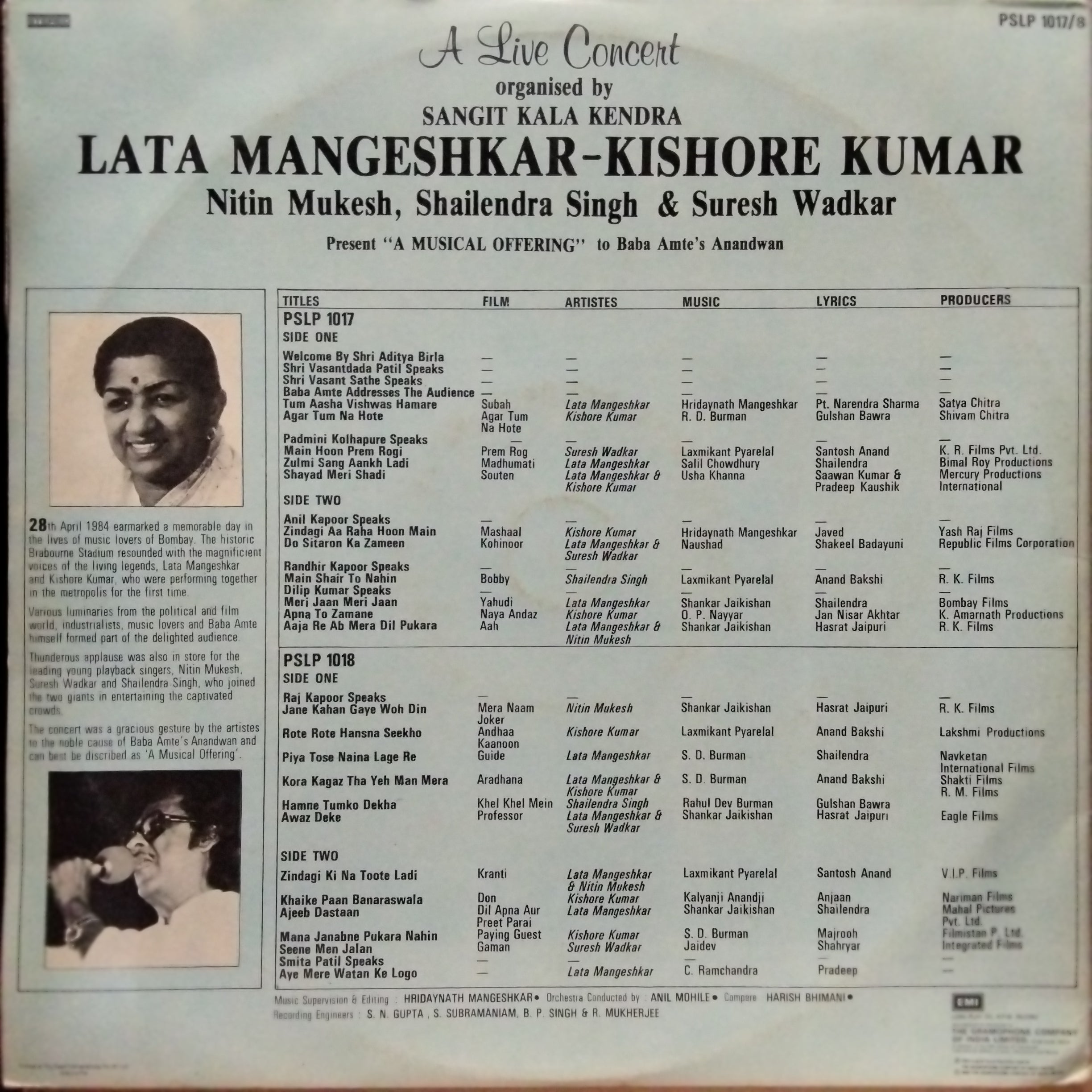 Lata Mangeshkar - Kishore Kumar, Nitin Mukesh, Shailendra Singh & Suresh Wadkar – A Live Concert Organised By Sangit Kala Kendra ("A Musical Offering" To Baba Amte'S Anandwan) (Vinyl)