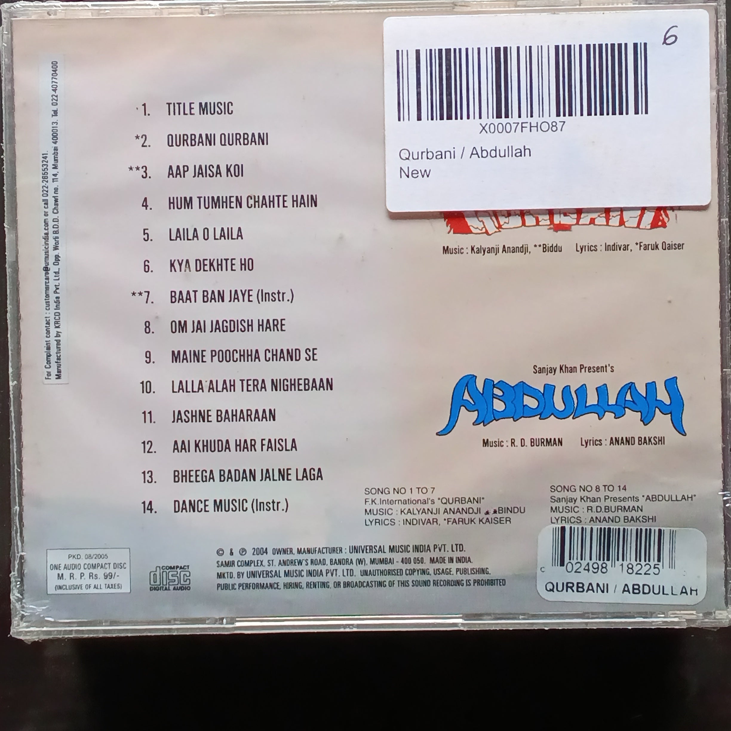 Kalyanji Anandji, Biddu + R D Burman  - Qurbani + Abdullah (CD)