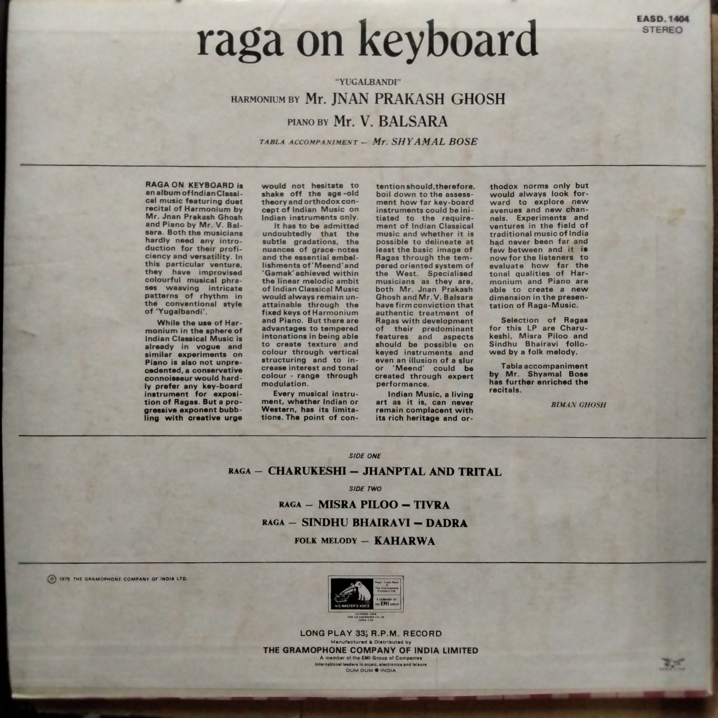 Jnan Prakash Ghosh & V. Balsara  - Raga On Keyboard (Vinyl)