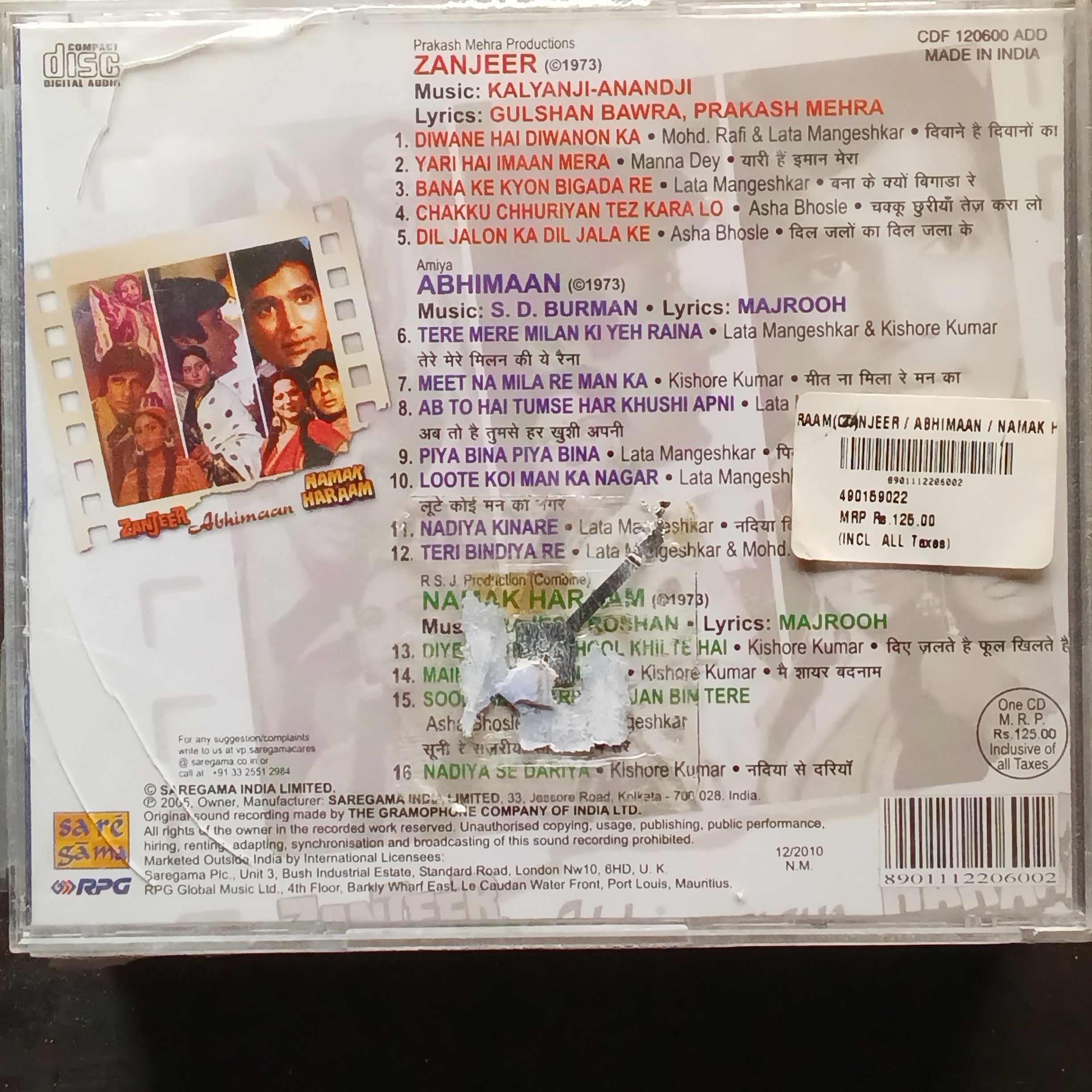 Kalyanji Anandji + S D Burman + R D Burman  - Zanjeer + Abhimaan + Namak Haraam (CD)