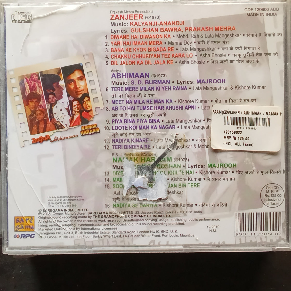 Kalyanji Anandji + S D Burman + R D Burman  - Zanjeer + Abhimaan + Namak Haraam (CD)