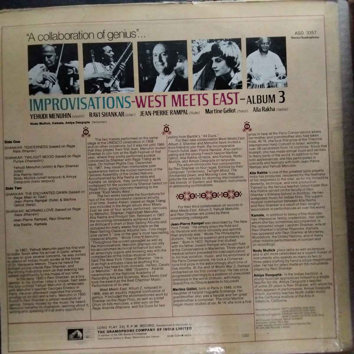 Yehudi Menuhin - Ravi Shankar - Jean-Pierre Rampal  - Improvisations - West Meets East - Album 3 (Vinyl)