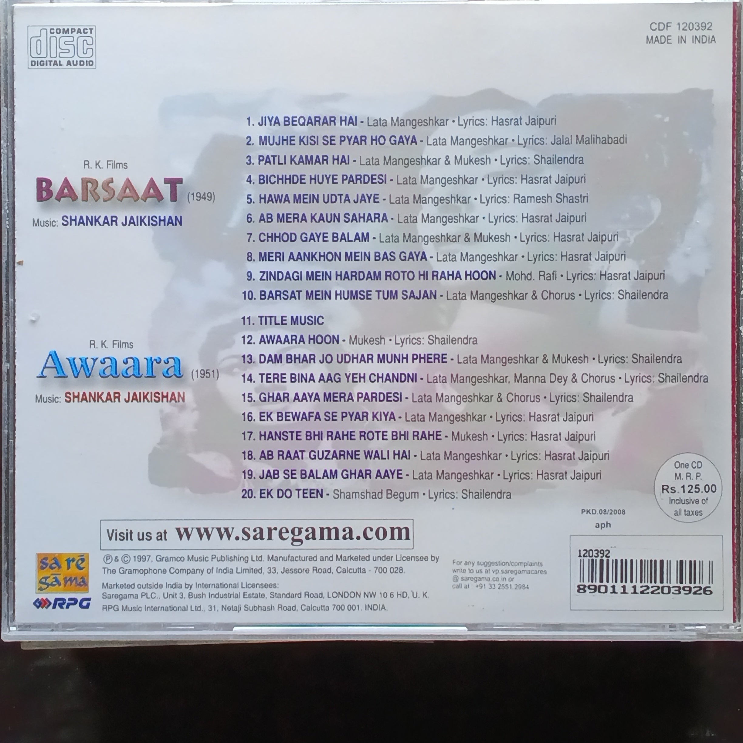 Shankar Jaikishan  - Barsaat + Awaara (CD)