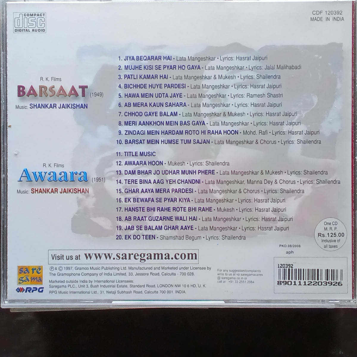 Shankar Jaikishan  - Barsaat + Awaara (CD)
