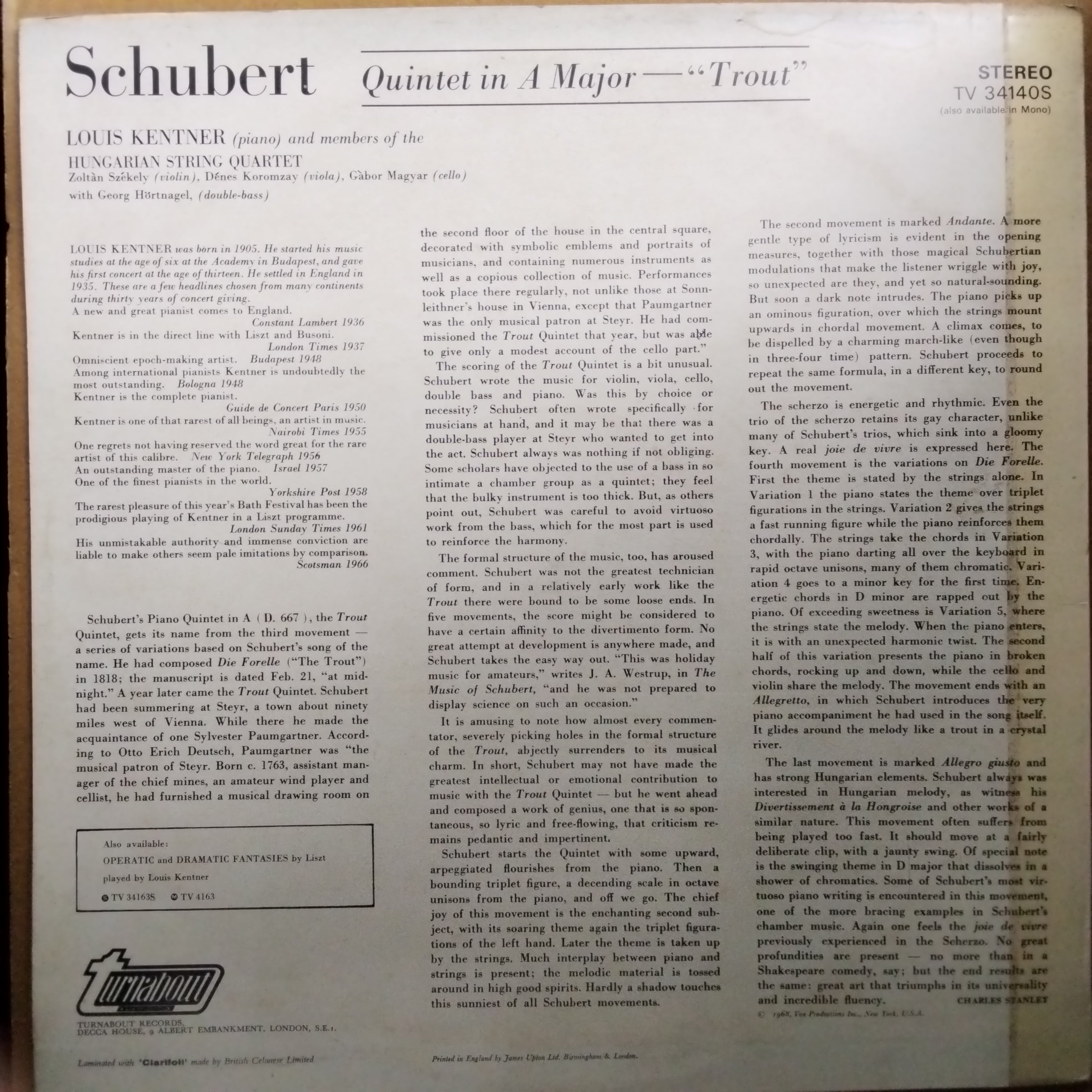 Schubert*, Louis Kentner, Hungarian String Quartet*  - Trout" - Quintet D. 667 (Vinyl)