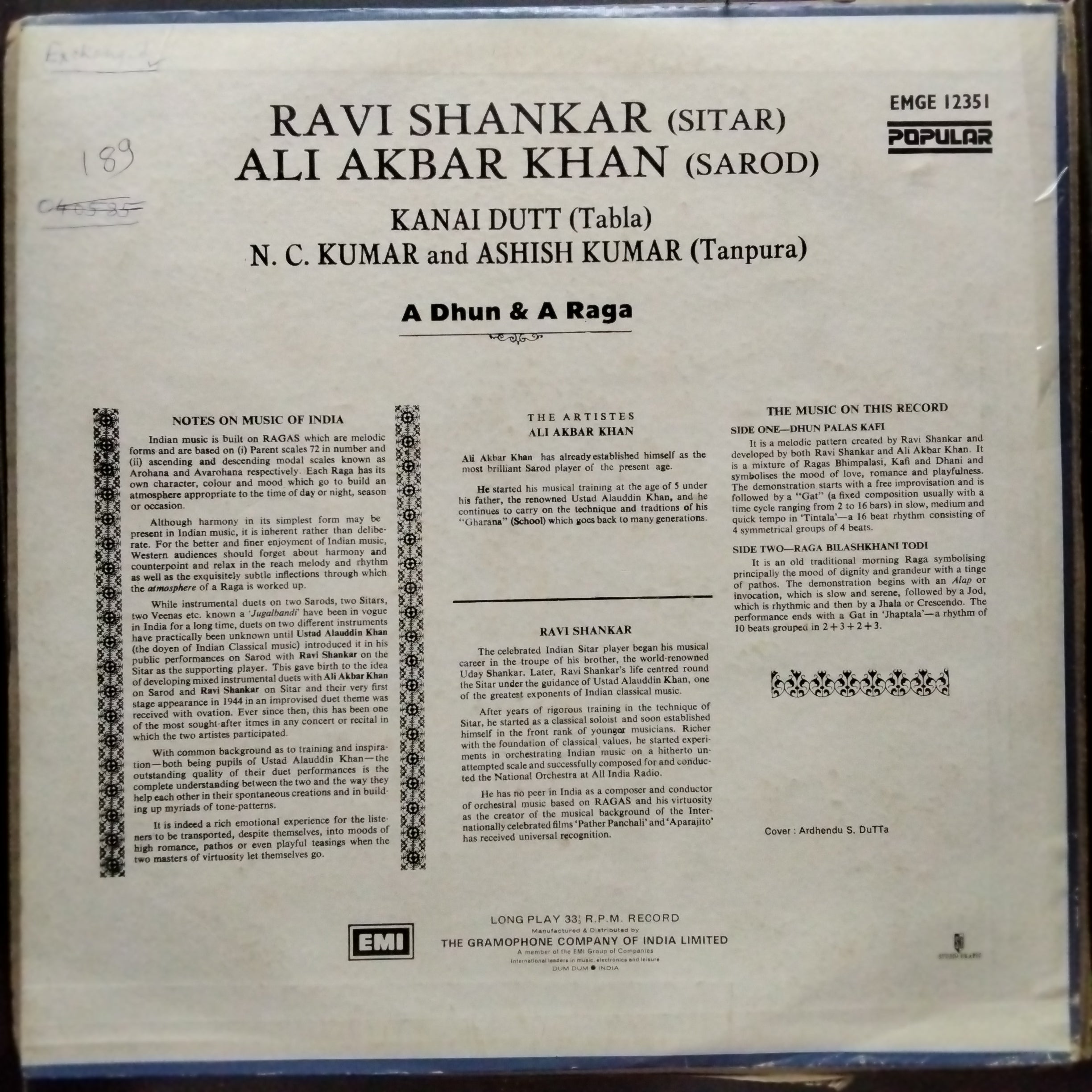 Ravi Shankar, Ali Akbar Khan With Kanai Dutt* And NC Kumar And Ashish Kumar  - A Dhun & A Raga (Vinyl)