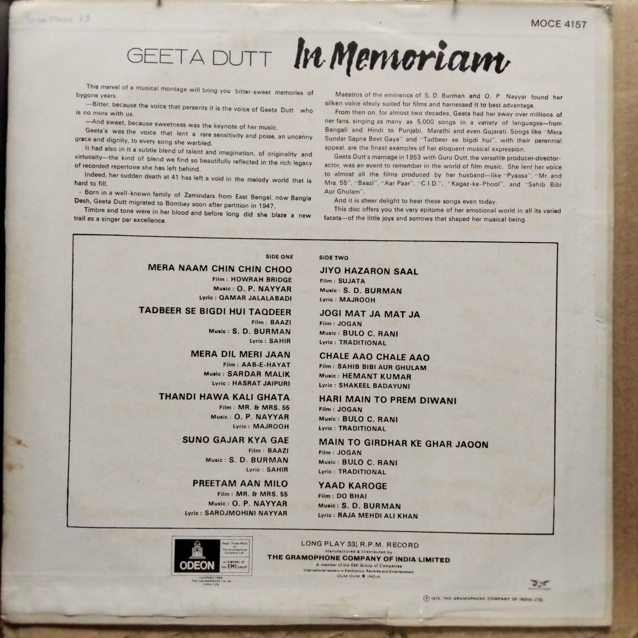 Geeta Dutt  - In Memoriam (Vinyl)