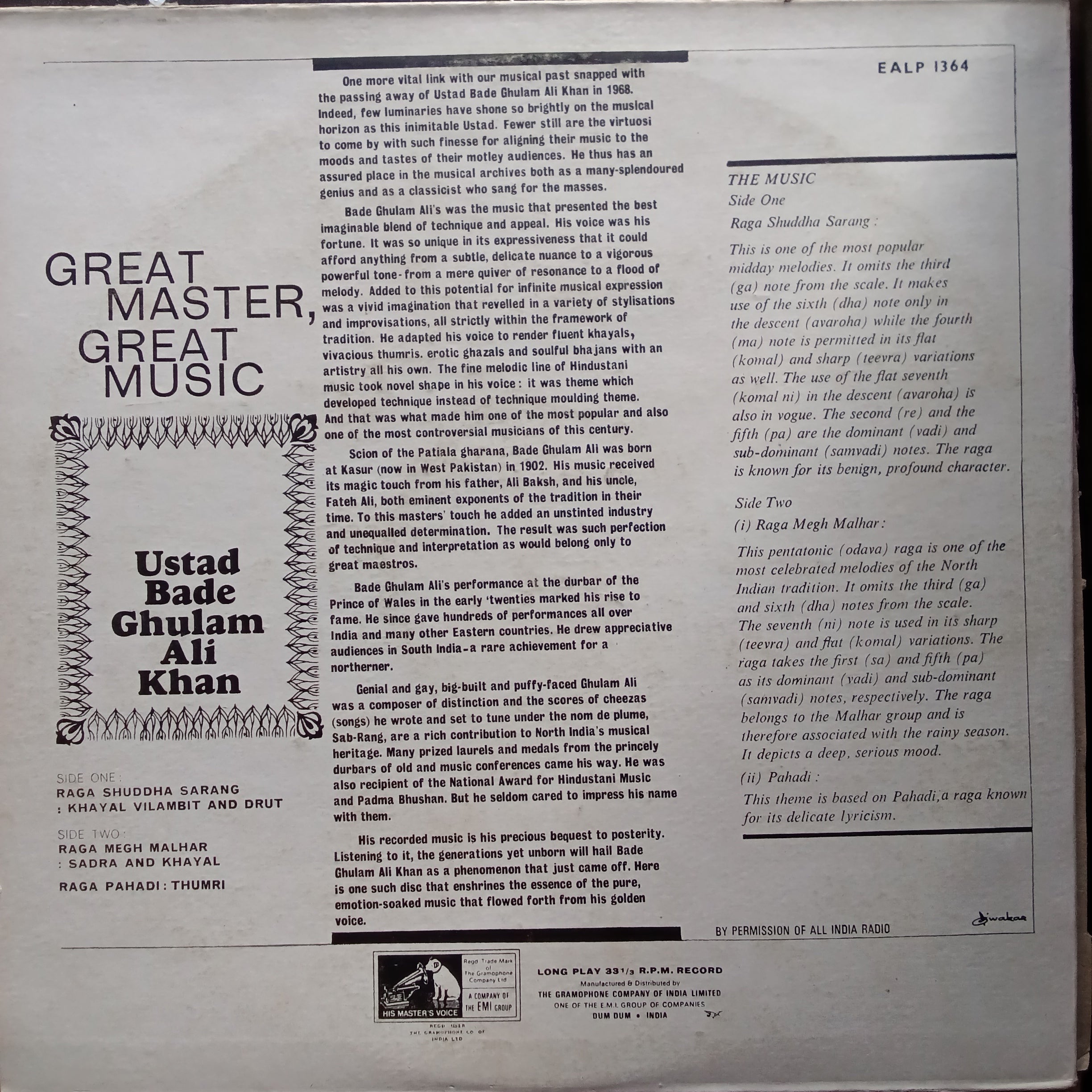 Ustad Bade Ghulam Ali Khan - Great Master, Great Music  (Vinyl)