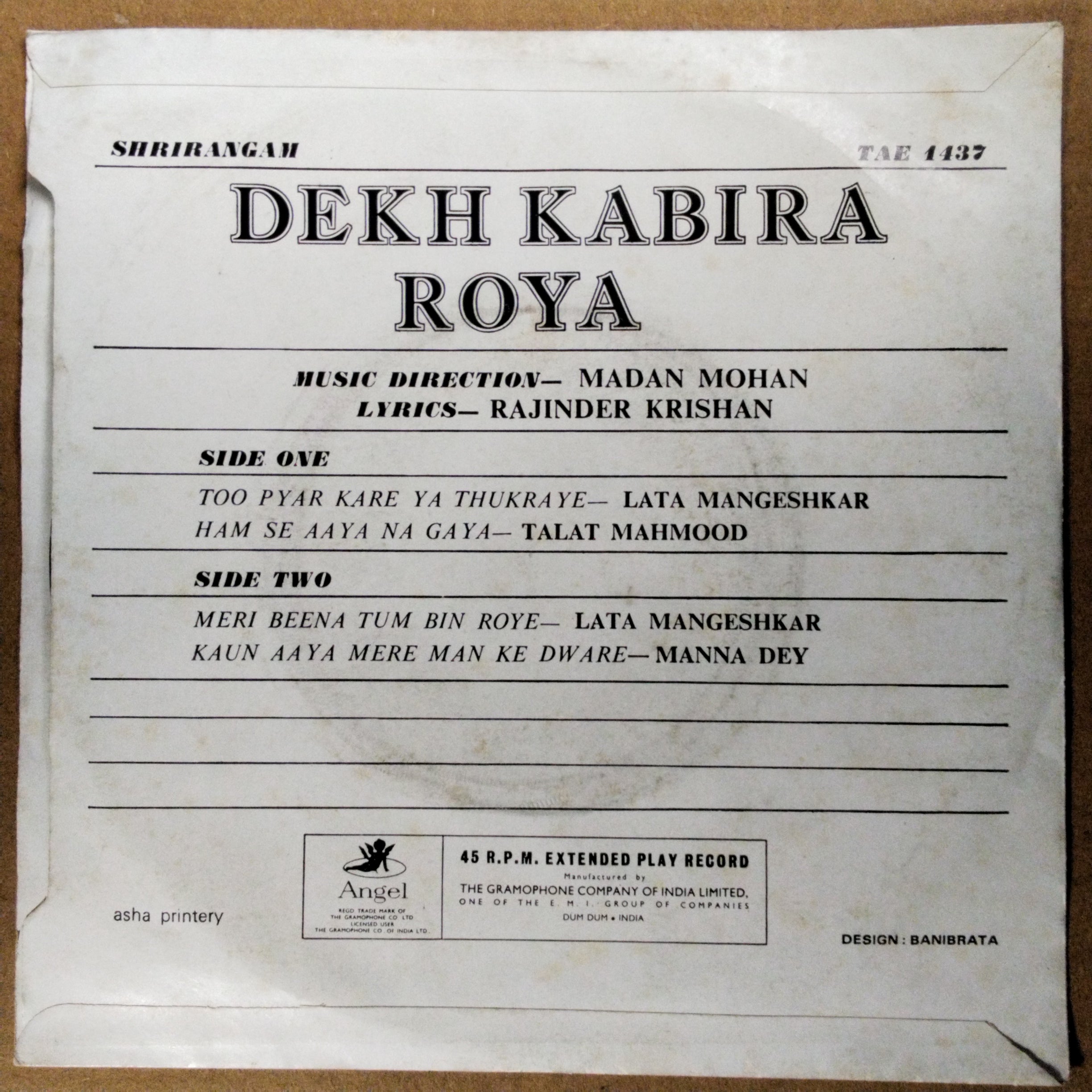 Madan Mohan  - Dekh Kabira Roya (45-RPM)