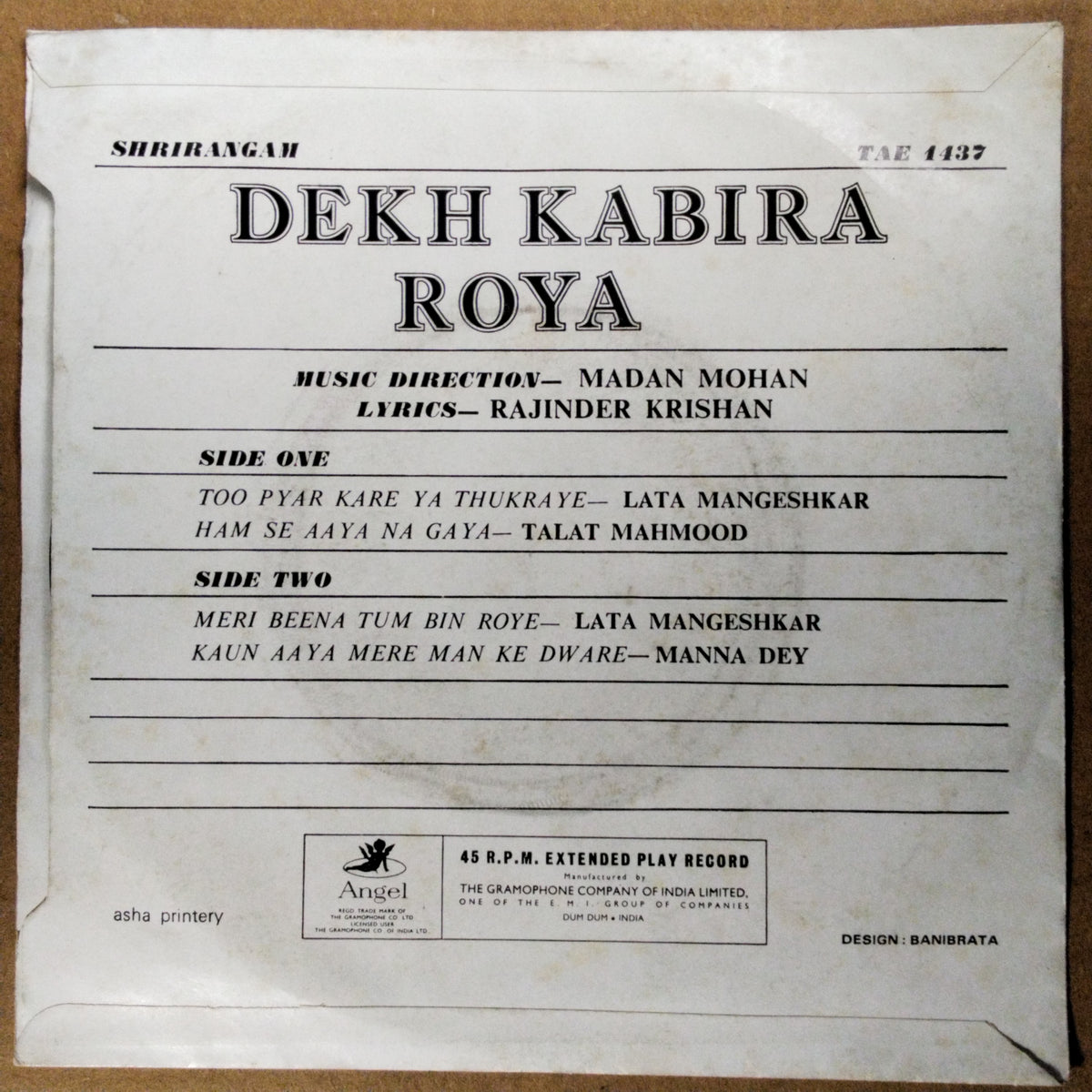 Madan Mohan  - Dekh Kabira Roya (45-RPM)