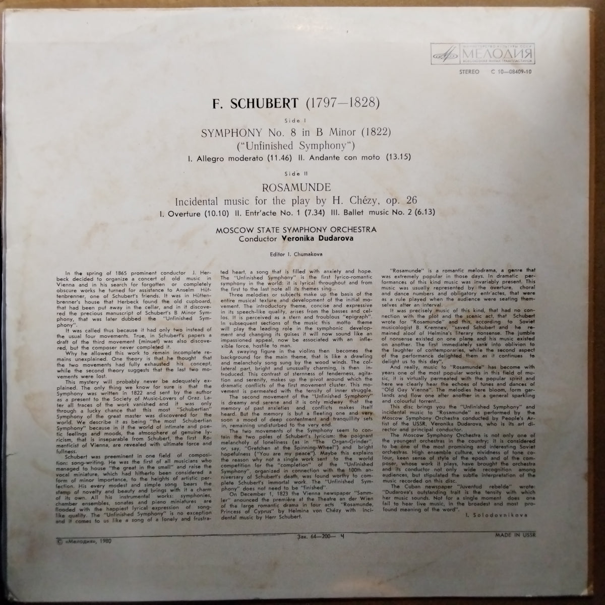 F. Schubert* ; Veronika Dudarova*  - Symphony No. 8 = Симфония № 8 / «Rosamunde» = «Розамунда» (Vinyl)
